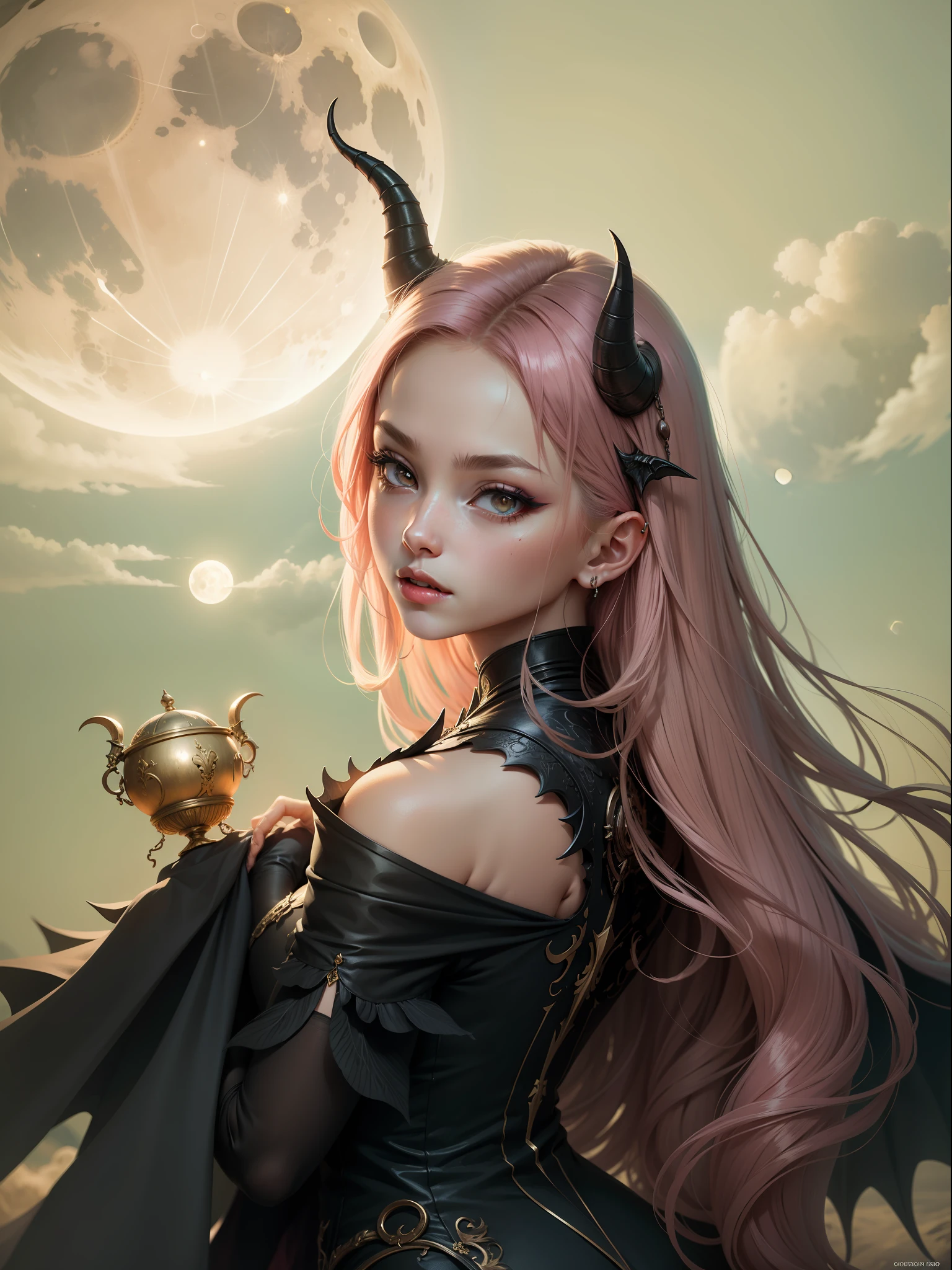 Demon queen with horns and cyborg wings, beautiful high-resolution dress, high-definition face, moon in the background