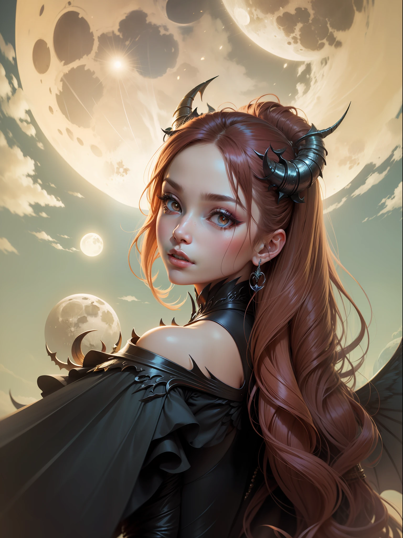 Demon queen with horns and cyborg wings, beautiful high-resolution dress, high-definition face, moon in the background