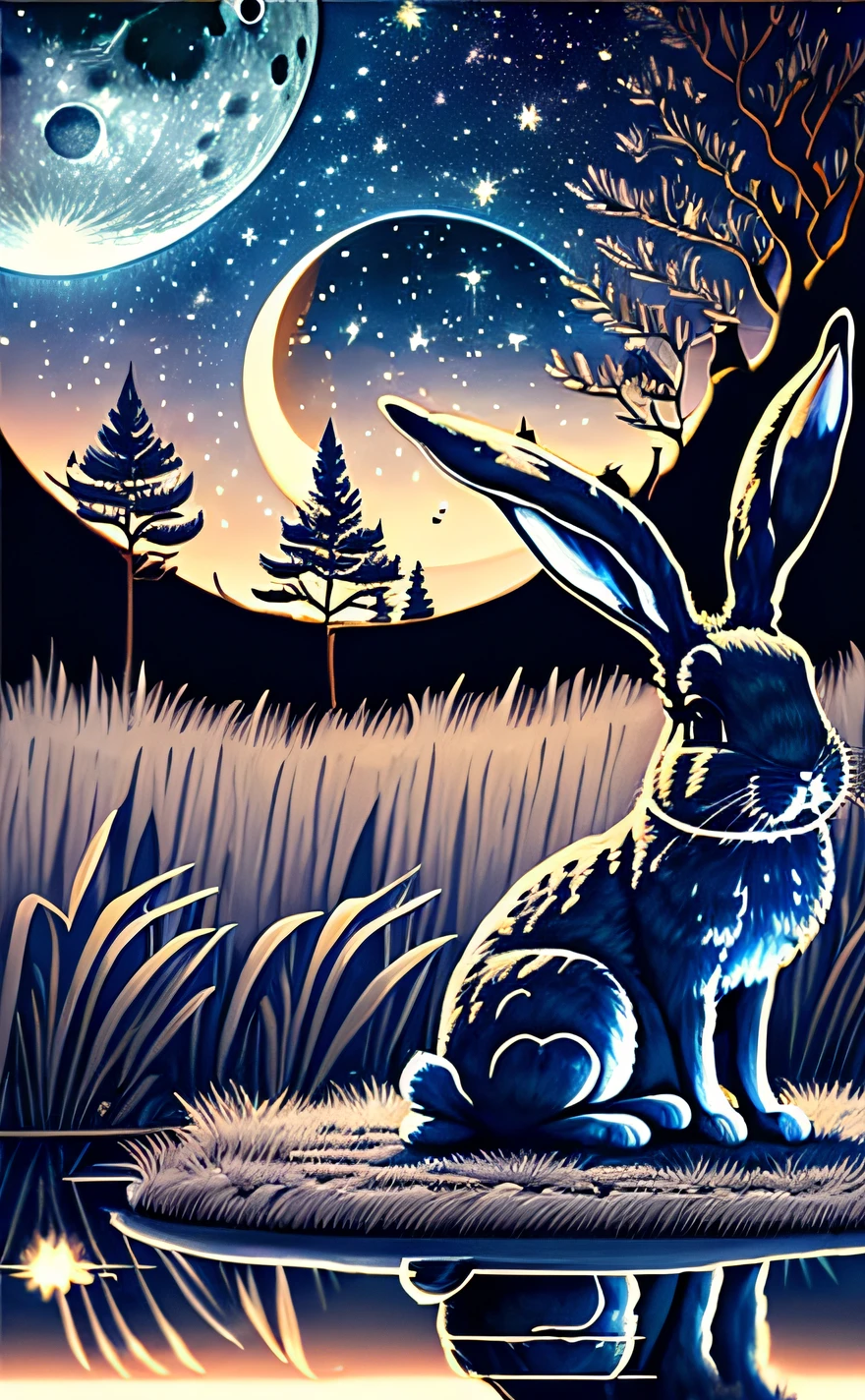 The Moon
"A rabbit gazing at the crescent moon in an eerily calm night, its reflection shimmering in a nearby pond. Strange, shadowy figures loom in the background."