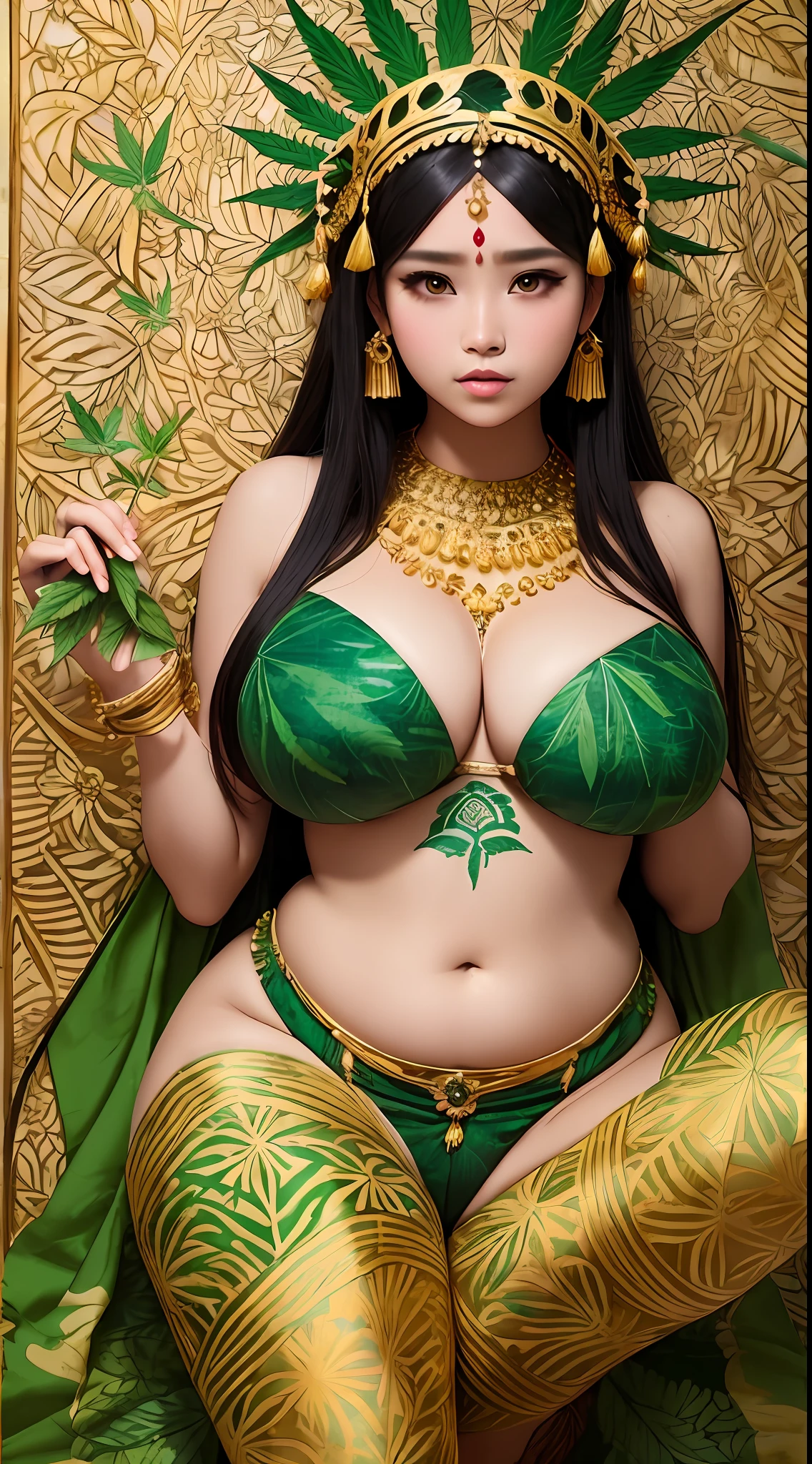 Wild Sundanese Indonesia, Sundanese Culture, Sundanese Art, Sundanese Style, Marijuana Goddess, exotics, full body shot, extreme tanned skin, extreme long black straight hair messes over naked boobs, huge batik green marijuana leaf headdress, big cheeks, long legs, curvy, thick, busty, indigenous gold and green batik breast painting, breast painted green and gold, indigenous gold and green batik facial painting, huge batik green marijuana leaf necklace, honey eyes