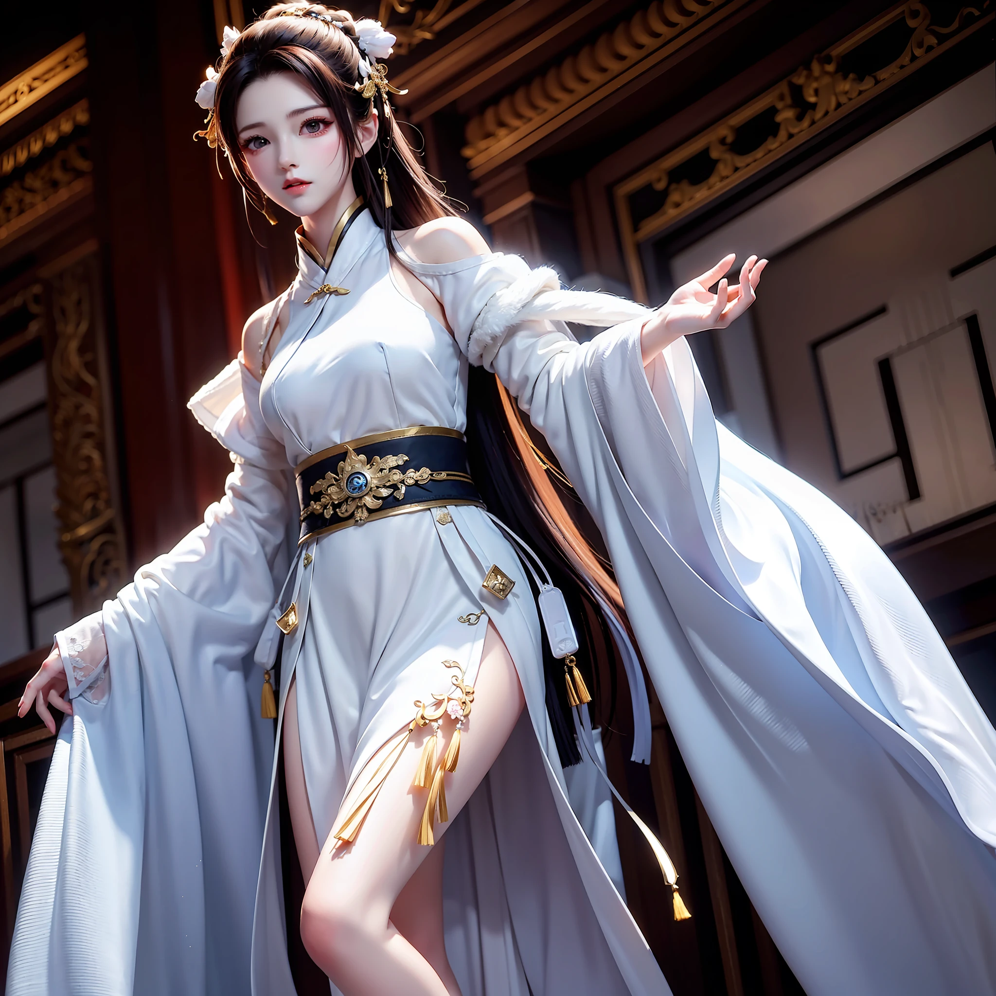 Wuxia，Teenage female，White robe white，long long hair，ancient buildings，remote mountains