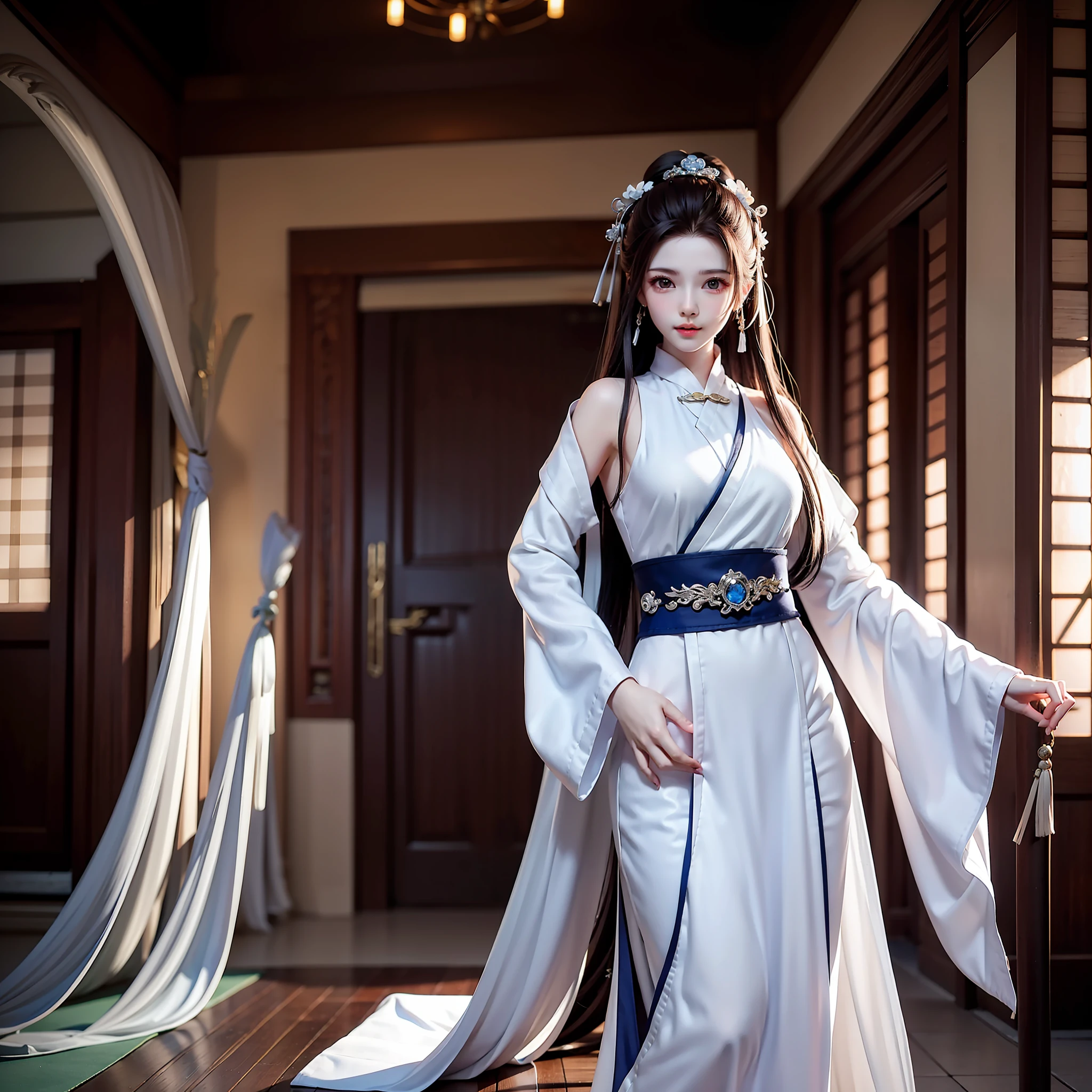 Wuxia，Teenage female，White robe white，long long hair，ancient buildings，remote mountains