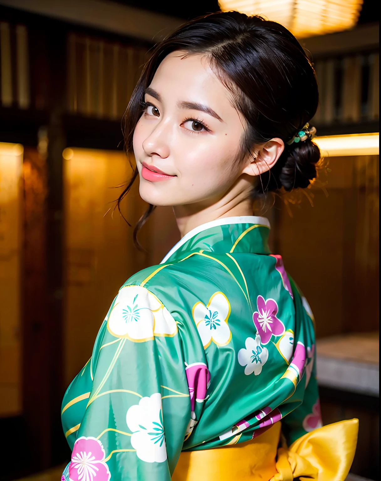 maximum quality、Face Focus、Soft light、(Depth-of-field)、ultra-high-res、(Realistic:1.4)、RAW Photography、(Portrait:1.4)、(from back:1.2) 1japanese girl、solo、(((Facing the Other Side)))、((Don't turn around))、(((I can't see my face)))、((Rear view))、(all over the body)、(short hair)、(Vivid kimono:1.4)、Yukata with colorful floral pattern、night