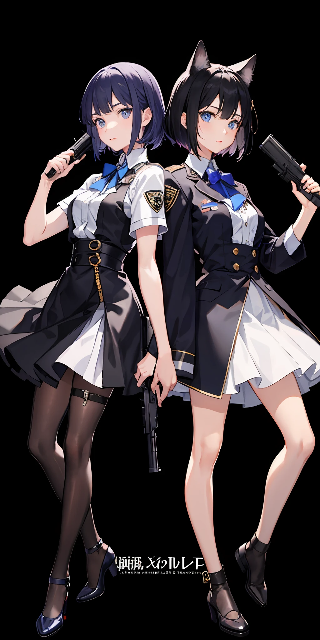 2 girls、 {{Master peace}}, short wavy hair, navy hair, black cat ear, Blue eyes,military outfit、With a gun、Put Your Hands together、{{Master peace}}, {{{maximum quality}}}, {{ultra- detailed}}, {{illustration}}, short hair,Purple eyes,Black hair,military outfit、With a gun、Put your hands together、Battlefield Background、