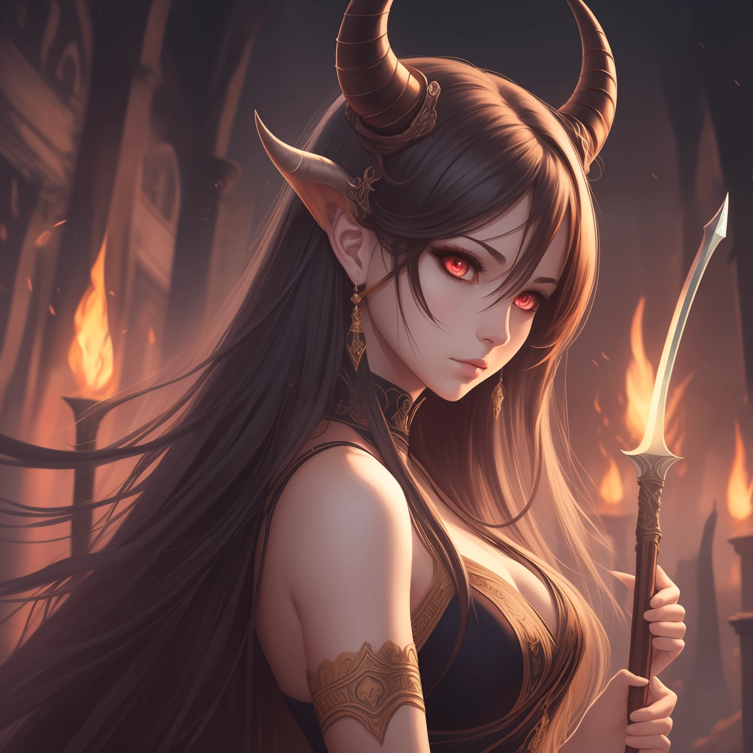 ((masterpiece)),(((best quality))),,illustration,1 girl,long hair,hair on eyes,beautiful eyes, female demon, horns, holds a spear,(hell background: 1.3)