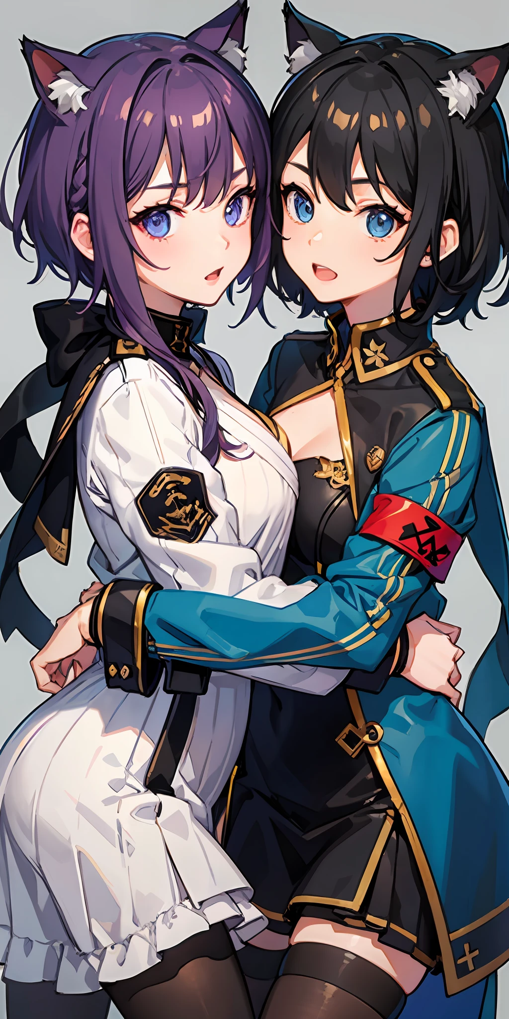2 girls、 {{Master peace}}, short wavy hair, navy hair, black cat ear, Blue eyes,military outfit、embracing each other、{{Master peace}}, {{{maximum quality}}}, {{ultra- detailed}}, {{illustration}}, short hair,Purple eyes,Black hair,military outfit、embracing each other、Battlefield Background、