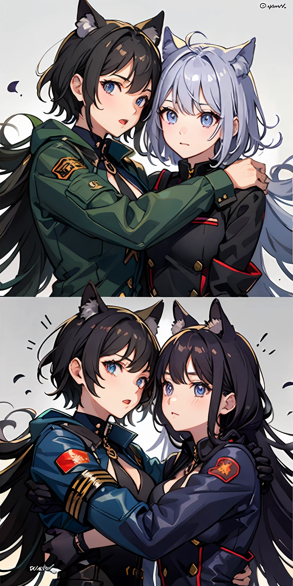 2 girls、 {{Master peace}}, short wavy hair, navy hair, black cat ear, Blue eyes,military outfit、embracing each other、{{Master peace}}, {{{maximum quality}}}, {{ultra- detailed}}, {{illustration}}, short hair,Purple eyes,Black hair,military outfit、embracing each other、Battlefield Background、
