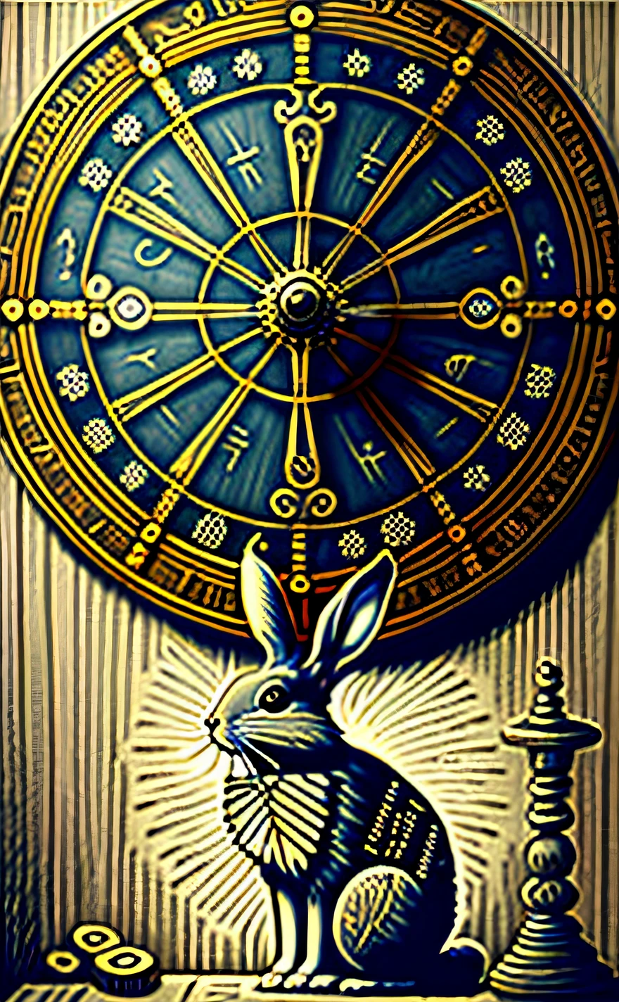 Wheel of Fortune "There is a rabbit in front of a spinning wheel engraved with various symbols of destiny, set in an eerie and mysterious place."