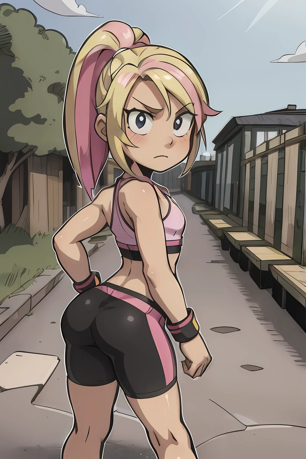 a cartoon girl in a pink top and black shorts standing on a street, haruno sakura, sakura haruno, in an anime style, cutesexyrobutts, in anime style, (sfw) safe for work, badass pose, epic anime style, the anime girl is running, loli, looking like annie leonhart, lola bunny fanart, thicc