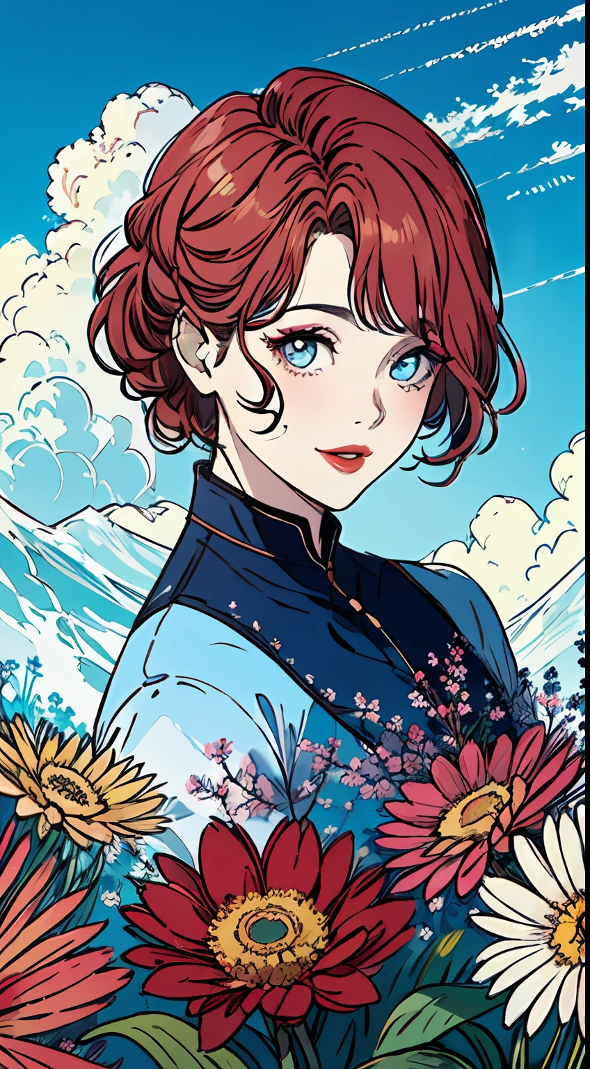 "Obra prima, extremly high quality, 1 garota de cabelos longos, sorridente, olhos fofos, flawless makeup, red lips, cabelos vermelhos, Olhos vermelhos, in a flowery setting in the foreground and blue sky with clouds."