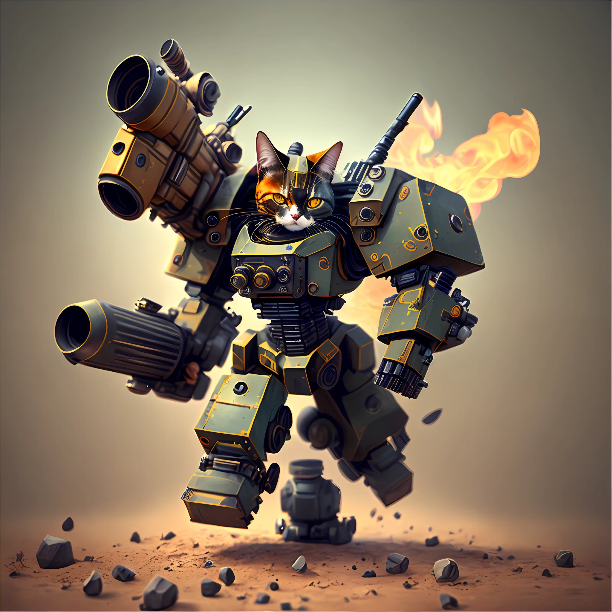 Mecha cat wielding two mini gun, full body,reflective details, realistic
