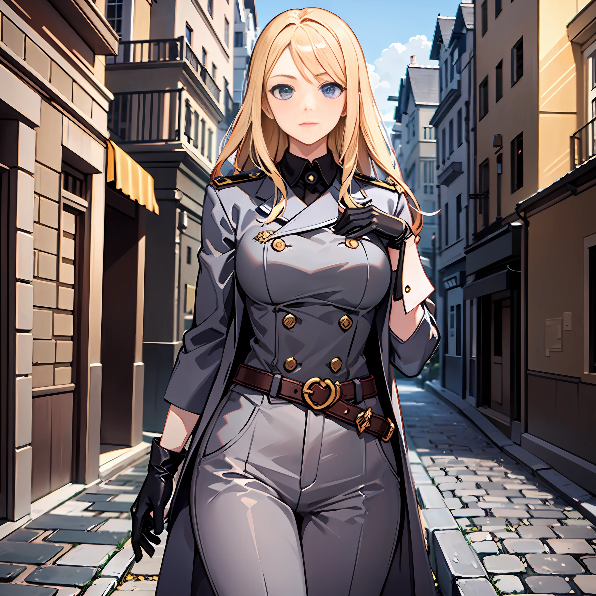 Portrait of a woman, Slavic appearance: blond hair; sharp facial features; straight nose; pronounced high cheekbones, divine appearance, stands upright, guards uniform: gray double-breasted overcoat; gray pants; Black leather belt with steel clasp, full height, maximum detail, masterpiece quality, black leather gloves, background: stone paved road with European houses of the first half of the 20th century, high quality shadows, high quality light.