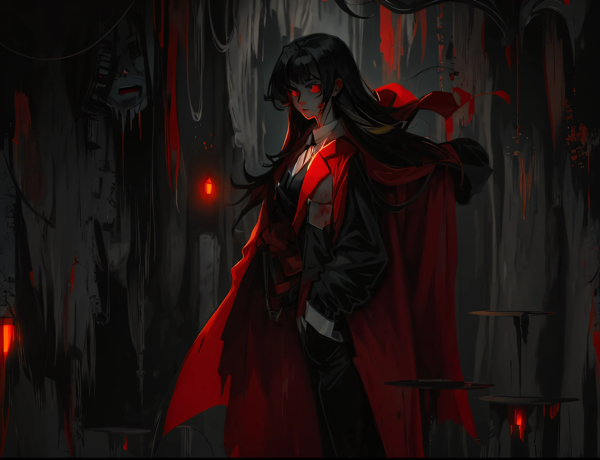 anime character with long black hair and red cape walking in a dark room, gapmoe yandere grimdark, yandere, gapmoe yandere, portrait gapmoe yandere grimdark, yandere intricate, albedo from the anime overlord, l vampire, yandere. tall, bloody + concept art, anime art wallpaper 8 k, by Jin Homura