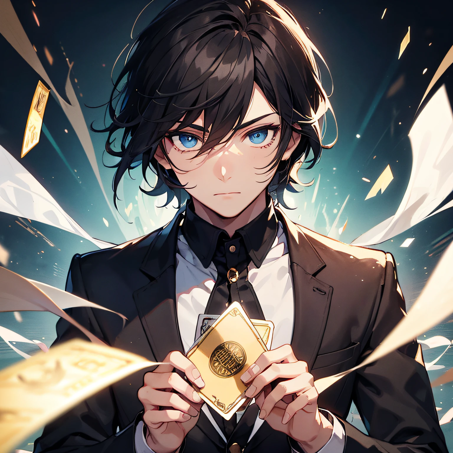 cartoony,Boys,Male focus,Dark hair,Blue eyes,Hold gold cards,Hair is sandwiched between the eyes,looking at viewers,bachelorhood,Upper body,long sleeve,hair short,(shirt)