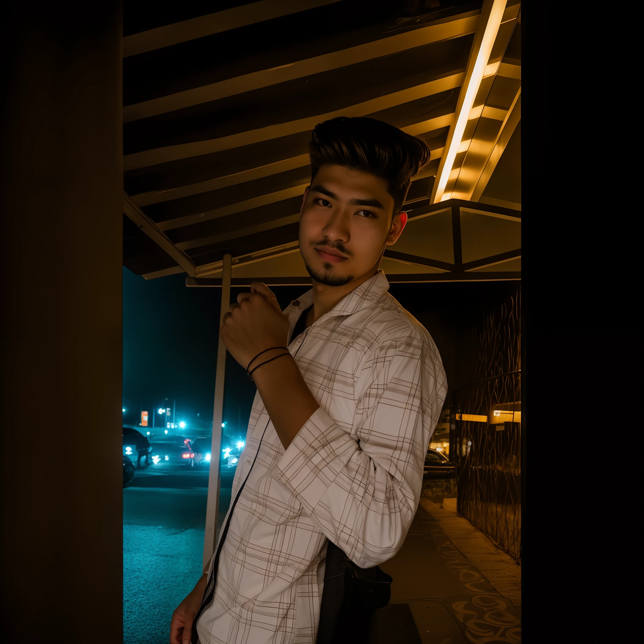 RAW photo, a portrait photo of 25 y.o man in casual clothes, night, city street, (high detailed skin:1.2), 8k uhd, dslr, soft lighting, high quality, film grain, Fujifilm XT3