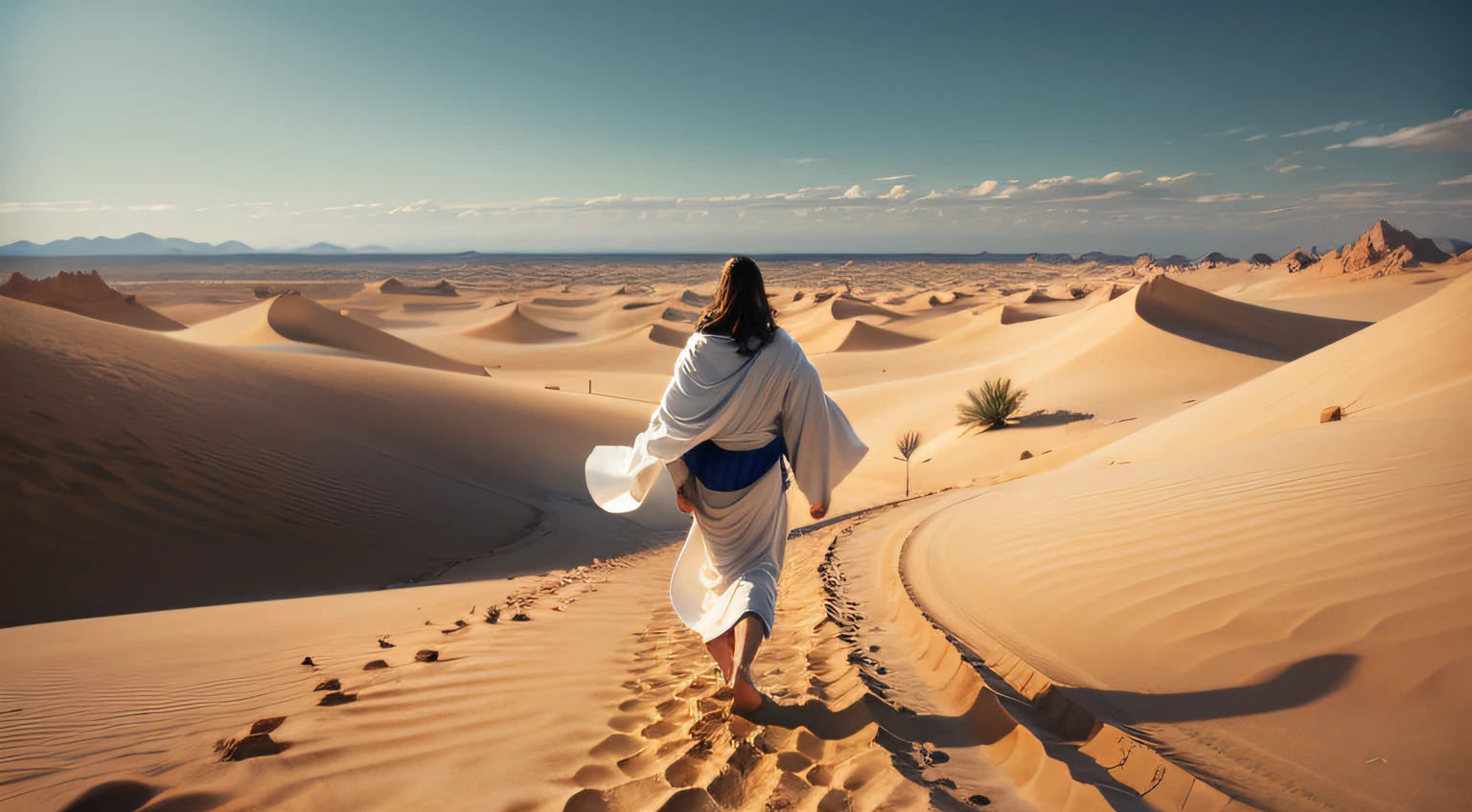 Jesus wearing a white robe, walking on his back in the desert, he is following a person, high resolution image, ultra HD, maximum quality, mega detailed, 8k --auto