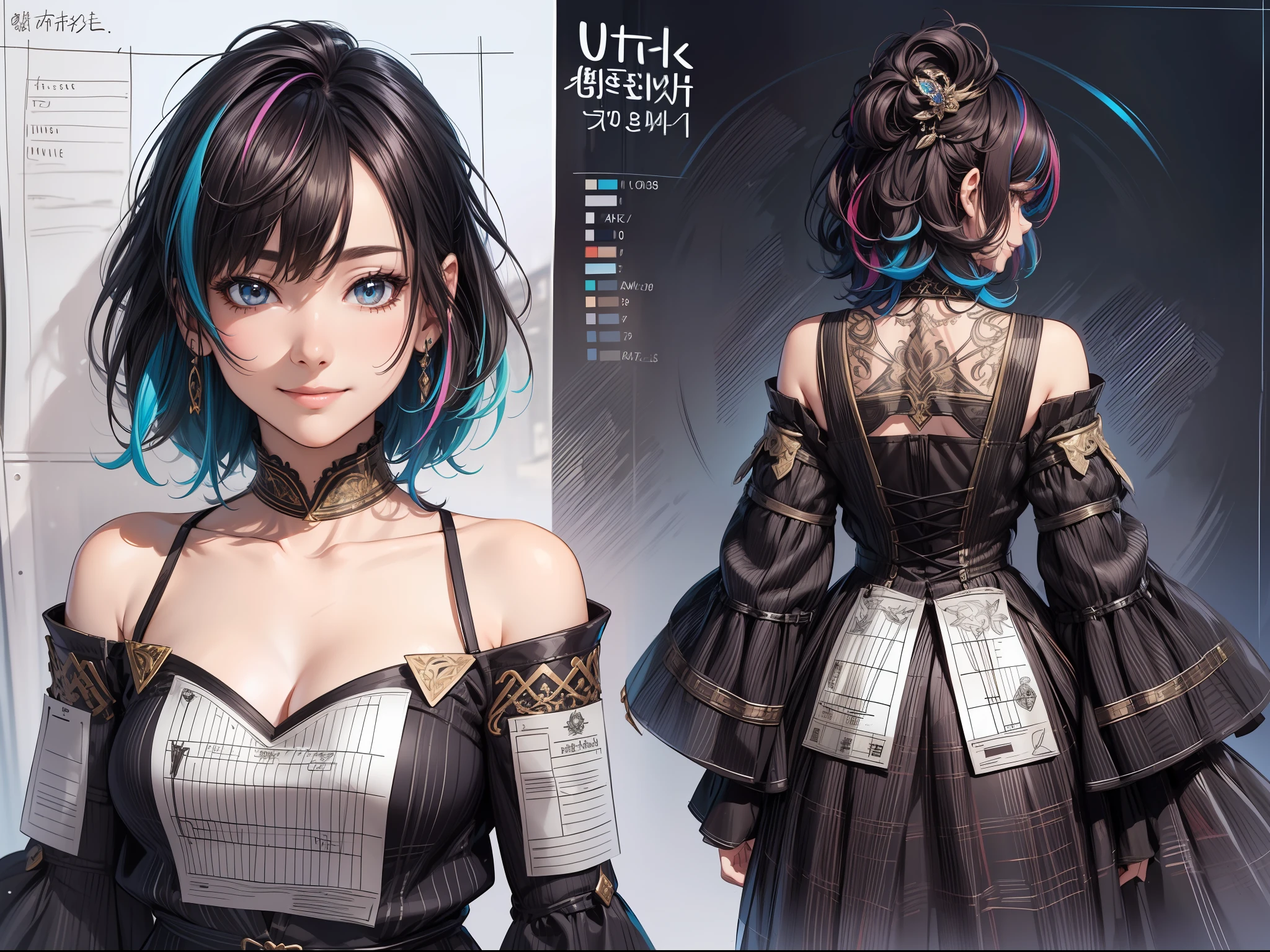 (A Masterpiece)、ultra- detailed、8k、((Character Sheet:1.4))Or reference sketch of a beautiful gal girl in a colorful dress、She has short hair and、Dark hair、The inner color of the hair is colorful、Ultra-realistic and sharp details、Intricate and intricate details、style、Smiling on simple background Illustration