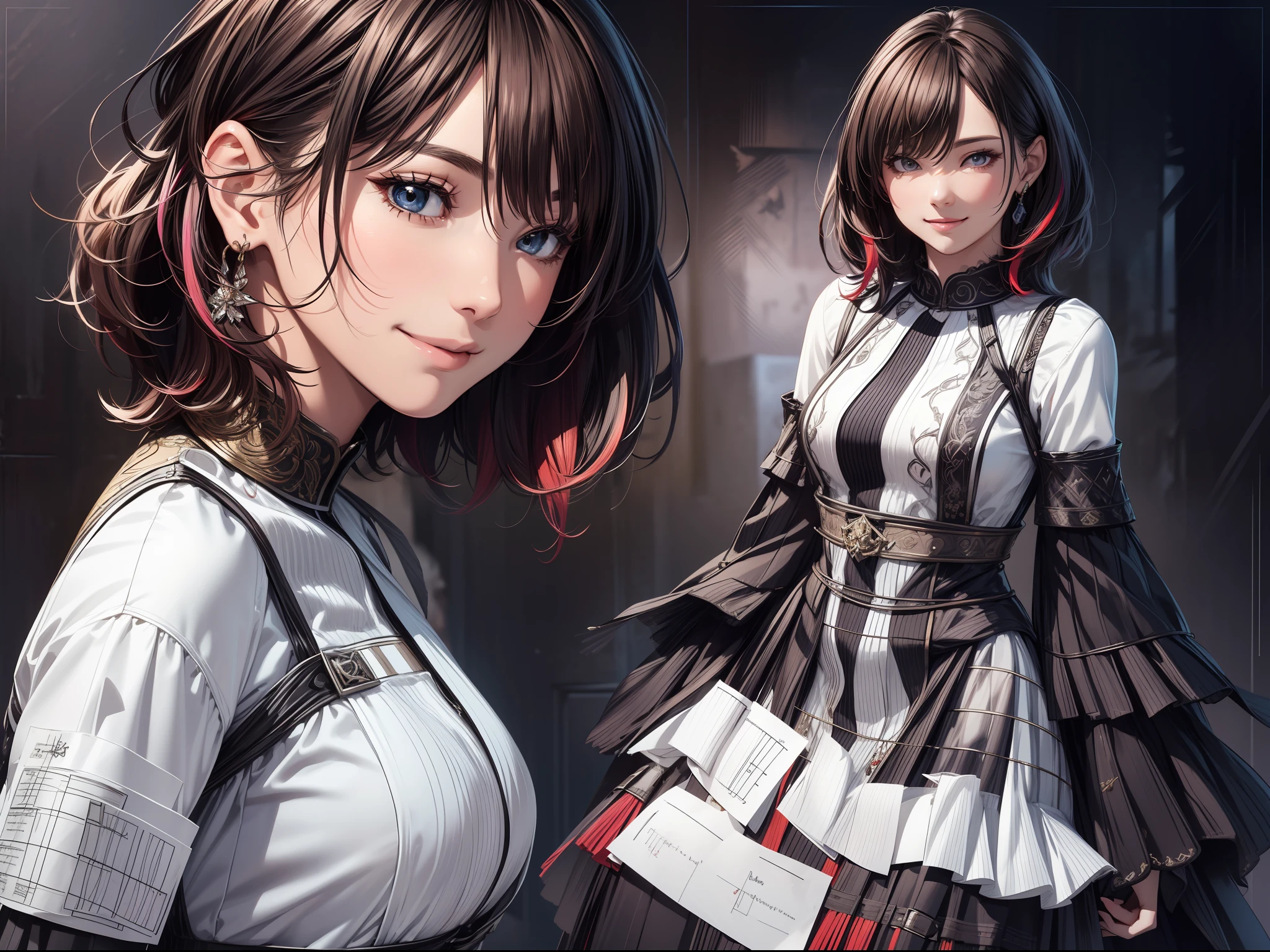 (A Masterpiece)、ultra- detailed、8k、((Character Sheet:1.4))Or reference sketch of a beautiful gal girl in a colorful dress、She has short hair and、Dark hair、The inner color of the hair is colorful、Ultra-realistic and sharp details、Intricate and intricate details、style、Smiling on simple background Illustration