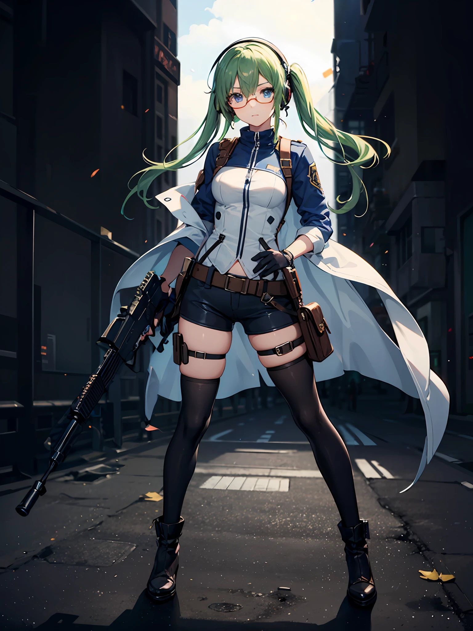 ((best quality)), ((masterpiece)), ((high res)), 1girl, assault rifle, blue eyes, full body, gloves, green hair, gun, headset, using and aiming gun, holding weapon, holster, kochiy sanae, ak-47, rifle, solo, suppressor, thigh holster, thigh strap, trigger discipline, weapon, glasses, twintails, medium hair, combat uniform, boots