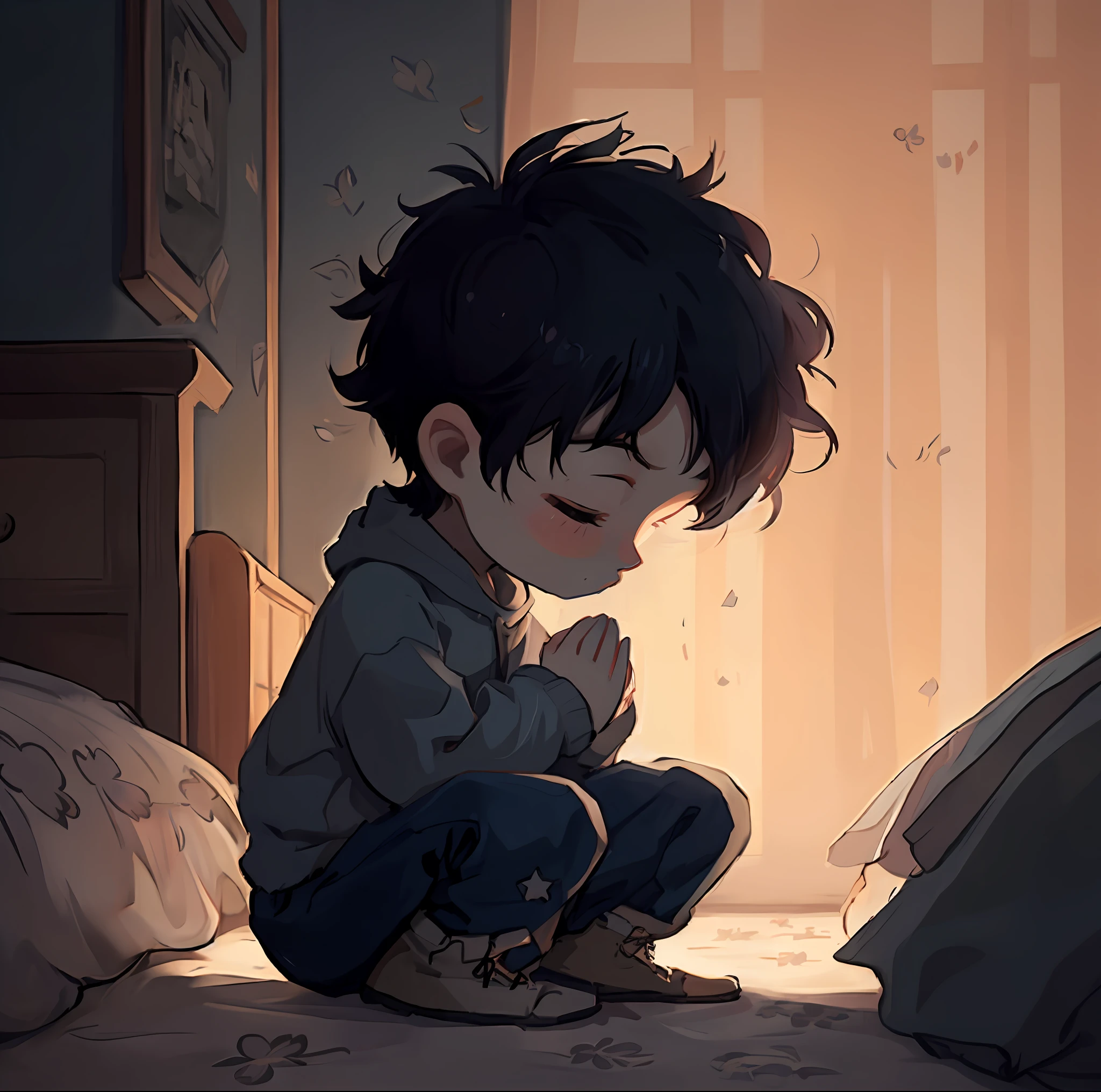 rezando Menino anime ajoelhado na cama orando em um quarto mal iluminado, Arte no estilo de Guweiz, arte conceitual emocional, Makoto Shinkai, arte conceitual do menino solteiro, fanart de alta qualidade, Guweiz em Pixiv ArtStation,Papel de parede anime 4k