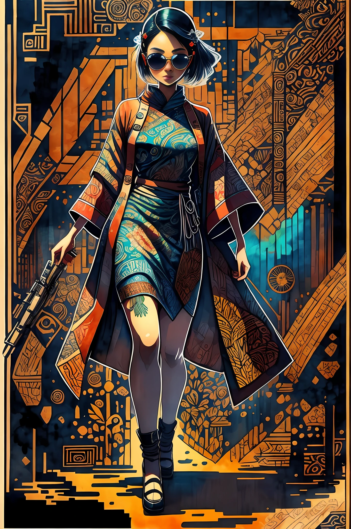 "Full body, water colors, ink drawing, beautiful cyberpunk Indonesian woman, wearing smart digital sunglasses, Indonesian Batik background, in the style of Batik Culture Art