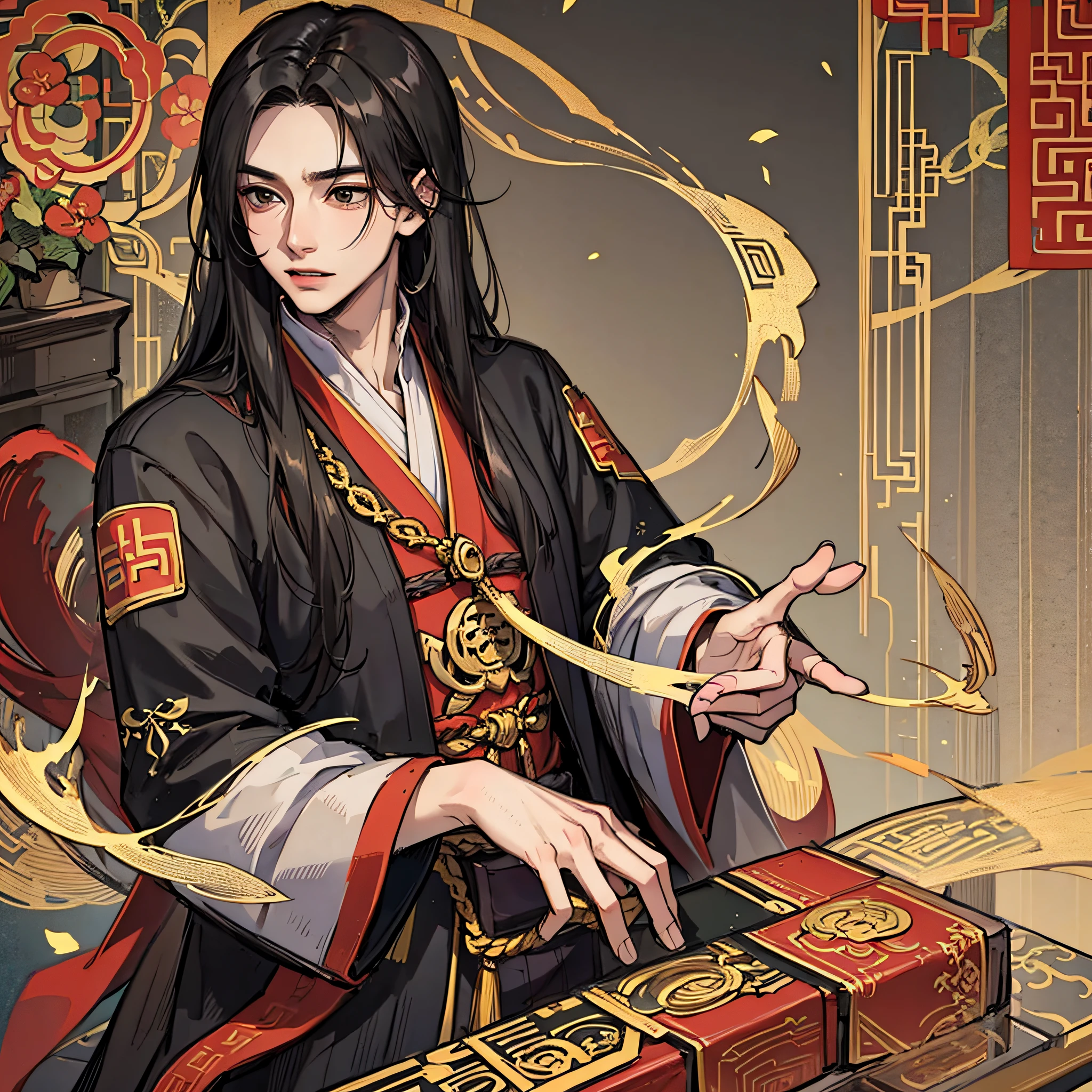 A young man with long black hair,Wearing dragon robes,Chinese ancient style