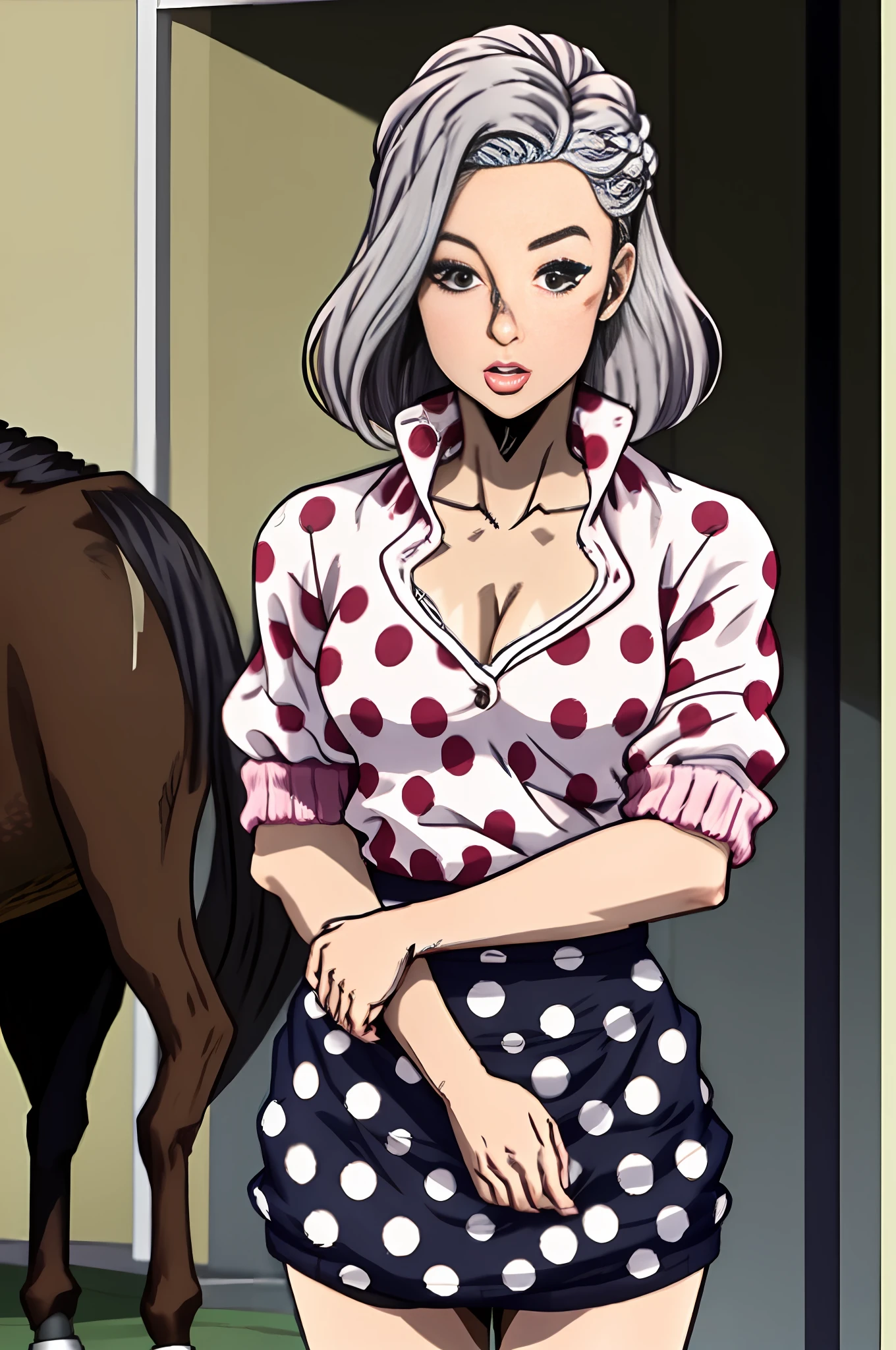a woman of apparently medium height and slender build, com cabelos ruivos separados para a direita e amarrados em um rabo de cavalo baixo com franja, wearing a white sweater with a plunging neckline and a polka dot print skirt