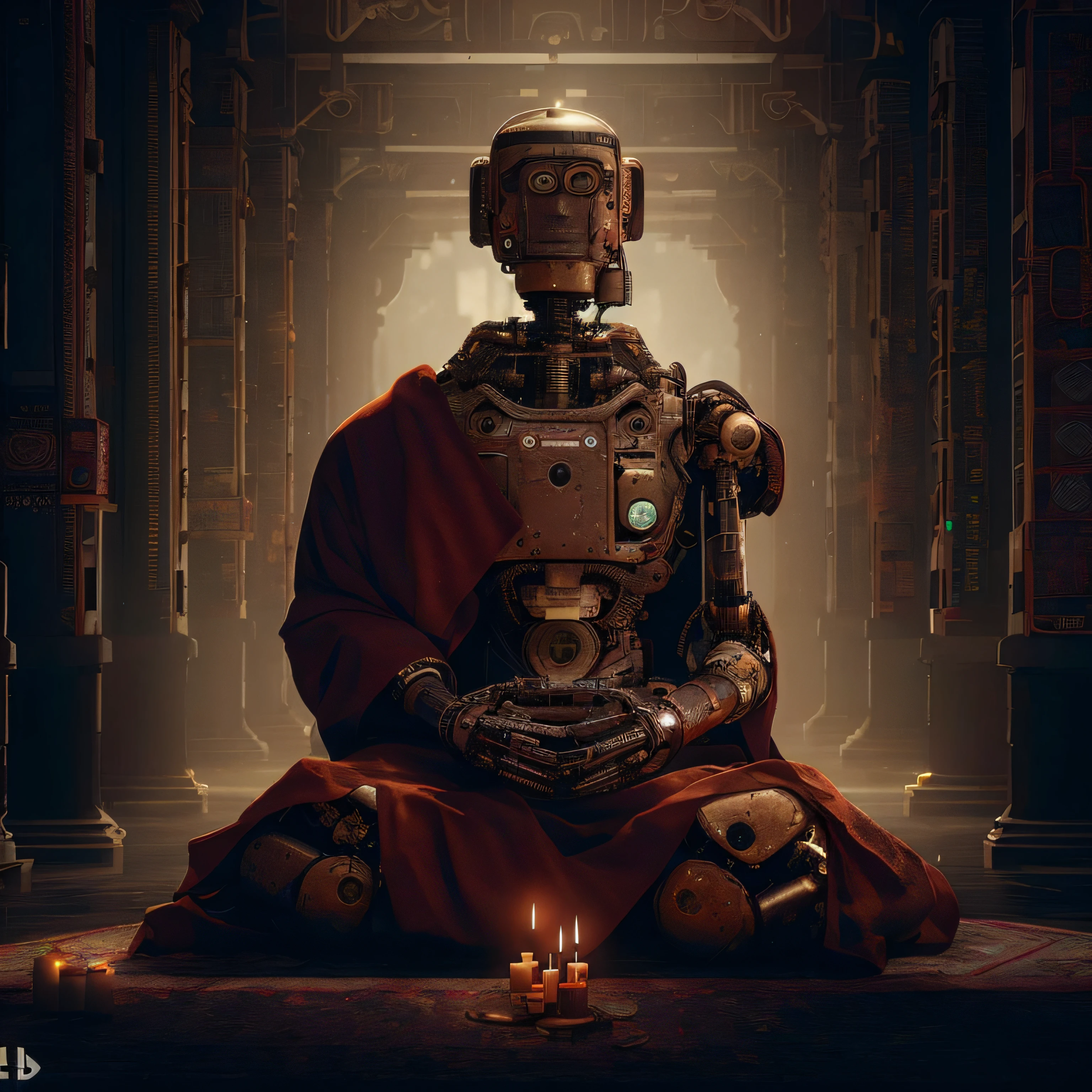 arafed robot sitting in a throne with candles in front of him, Zen Cyberpunk Meditation, um ciborgue meditando, robot religion, artificial intelligence god, Corpo de Deus Hindu Ciborgue, templo hindu cybertronic, artificial intelligence gods, bipe. Octane render, Beeple e Mike Winkelmann, Obra-prima Beeple, Arte digital altamente detalhada em 4k
