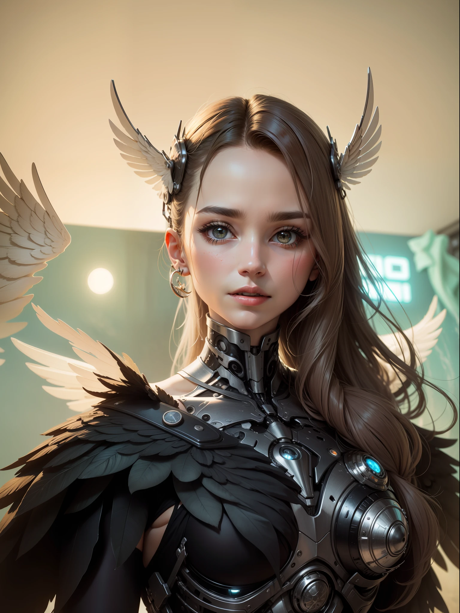 Angels and cyborg wings, beautiful high-resolution dress, high-resolution face, Mond im Hintergrund