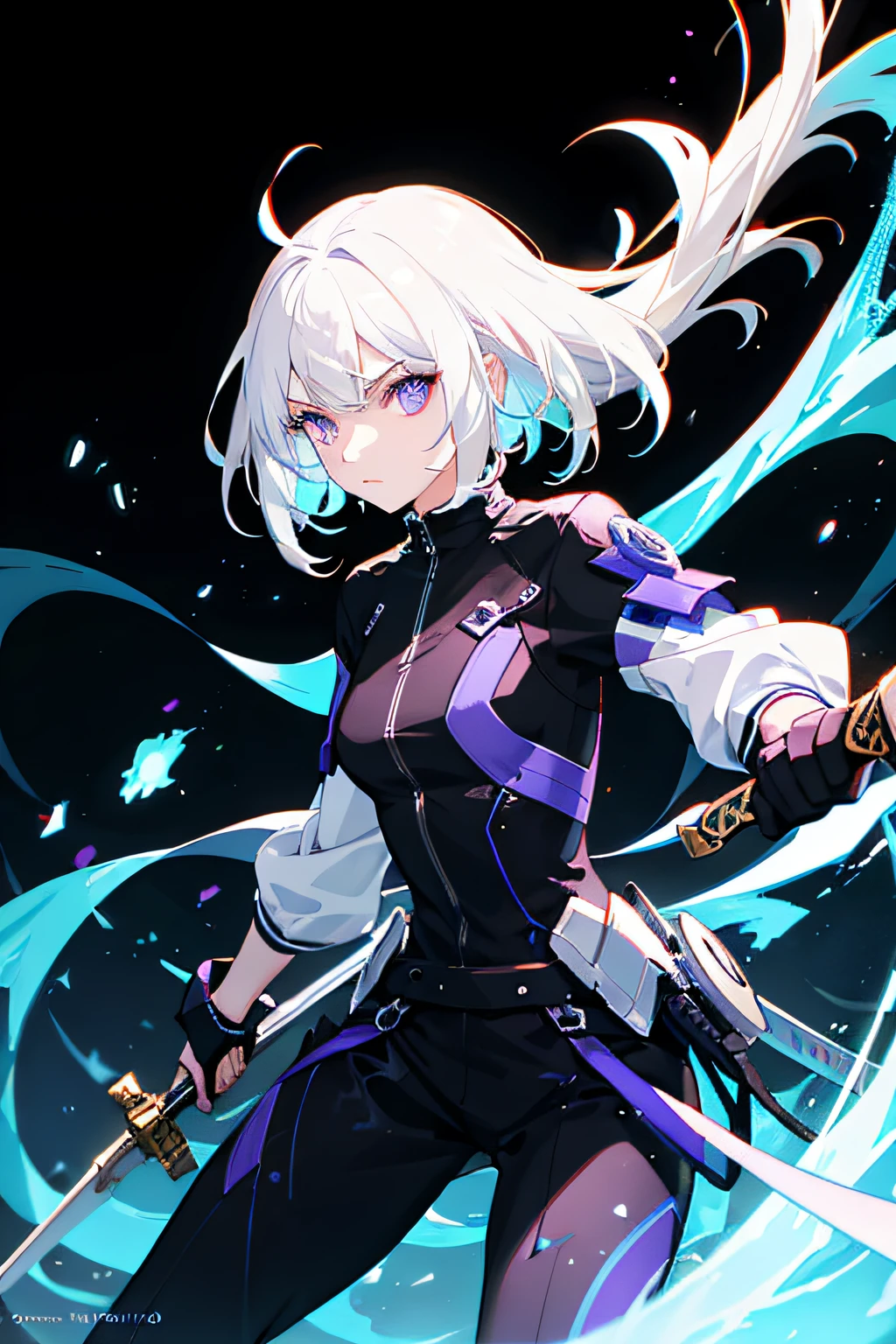 colorful, 1girl, white hair, purple eyes, dual wielding, sword, holding sword, blue flames, glow, glowing weapon, light particles, wallpaper, chromatic aberration,