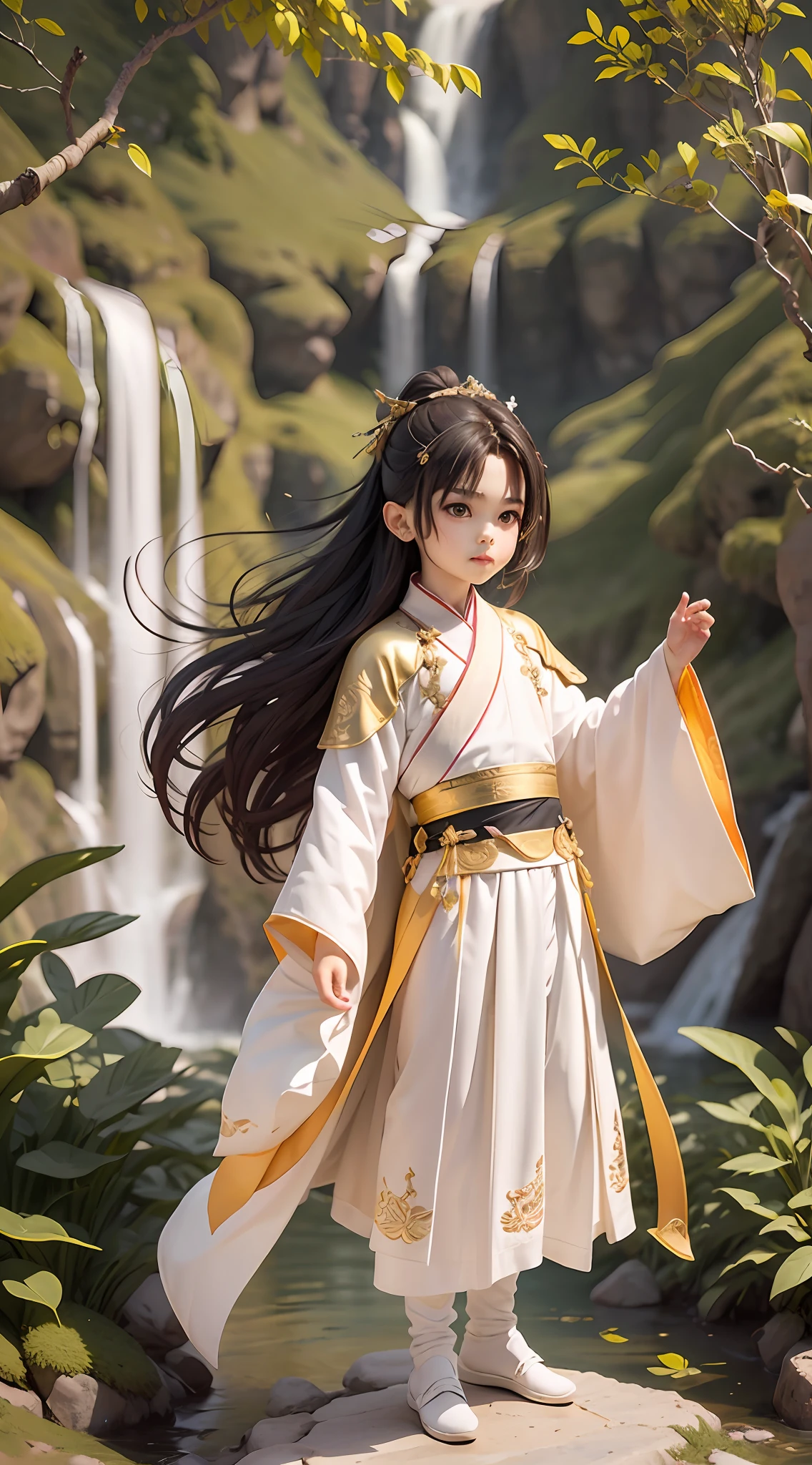 Chibi T-Shi，Full body，1男孩，Ancient Chinese 4-year-old boy，Masculinity，knight-errant，with long black hair，Hanfu，White clothes fluttering，Gold stroke，Cliffs and waterfalls in the background，