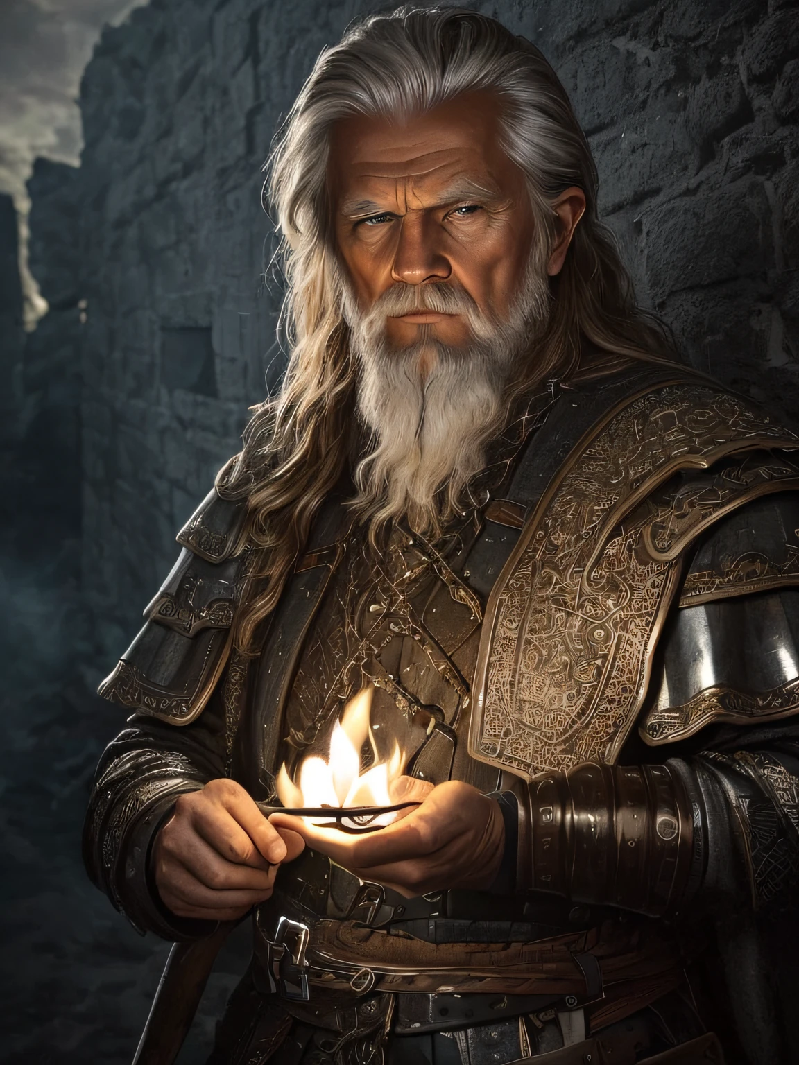 (Highest quality:1.3), cinematic shot, masterpiece, (sharp focus:1.5), (photorealistic:1.3), medium portrait of (a weary-looking but still proud and fierce-looking old Viking warrior, now the leader of his village, dressed in elaborately detailed chain mail and leather armour, a few torches burn on the walls, giving the scene a dark atmosphere but sculpting the forms in sharp chiaroscuro), it is night time, (highly detailed skin), (detailed face), detailed background, dark lighting, twilight lighting, volumetric lighting, intricate details, UHD,