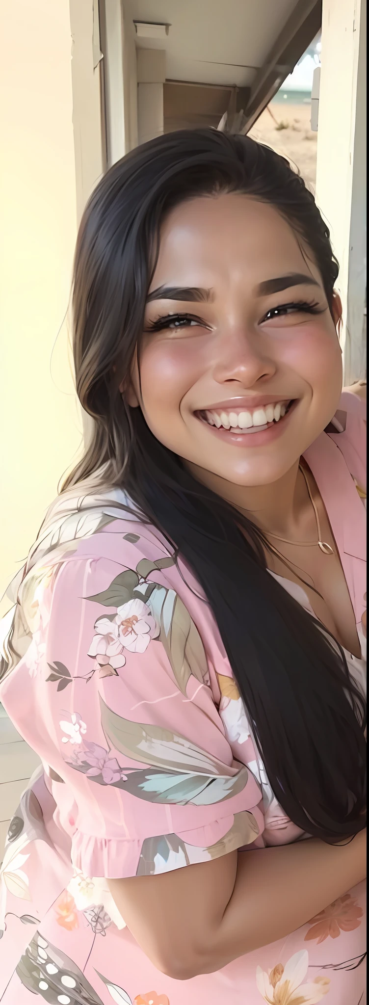 Mulher morena de olhos castanho e cabelo liso e cabelos logos, seios medios, vestida com vestido vermelho, On the beach with open arms smiling very happy, Beach with crystal clear waters, super realista, bem detalhado, 8k resolution, --auto