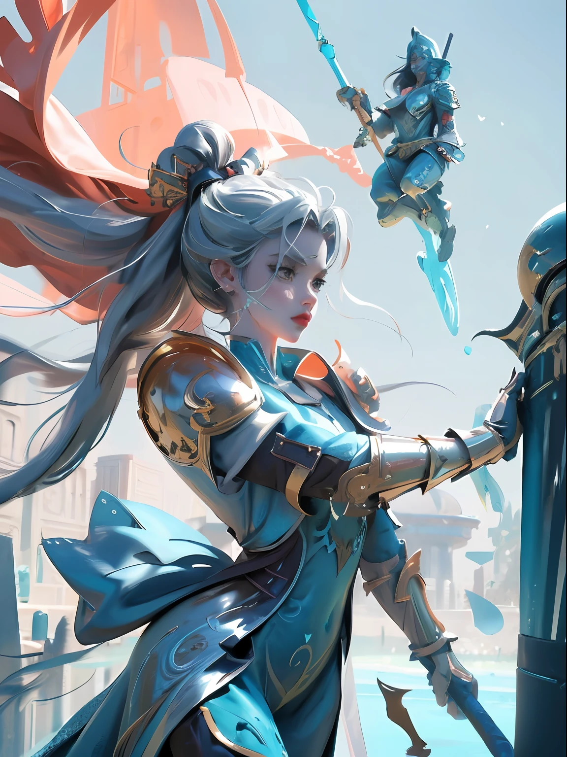 close-up of Britney Spears in a silver and blue dress, chengwei pan on artstation, by Yang J, detailed fantasy art, stunning character art, fanart best artstation, epic and exquisite character art, beautiful armor, extremely detailed art, detailed digital anime art, artgerm on artstation pixiv, girl in armor