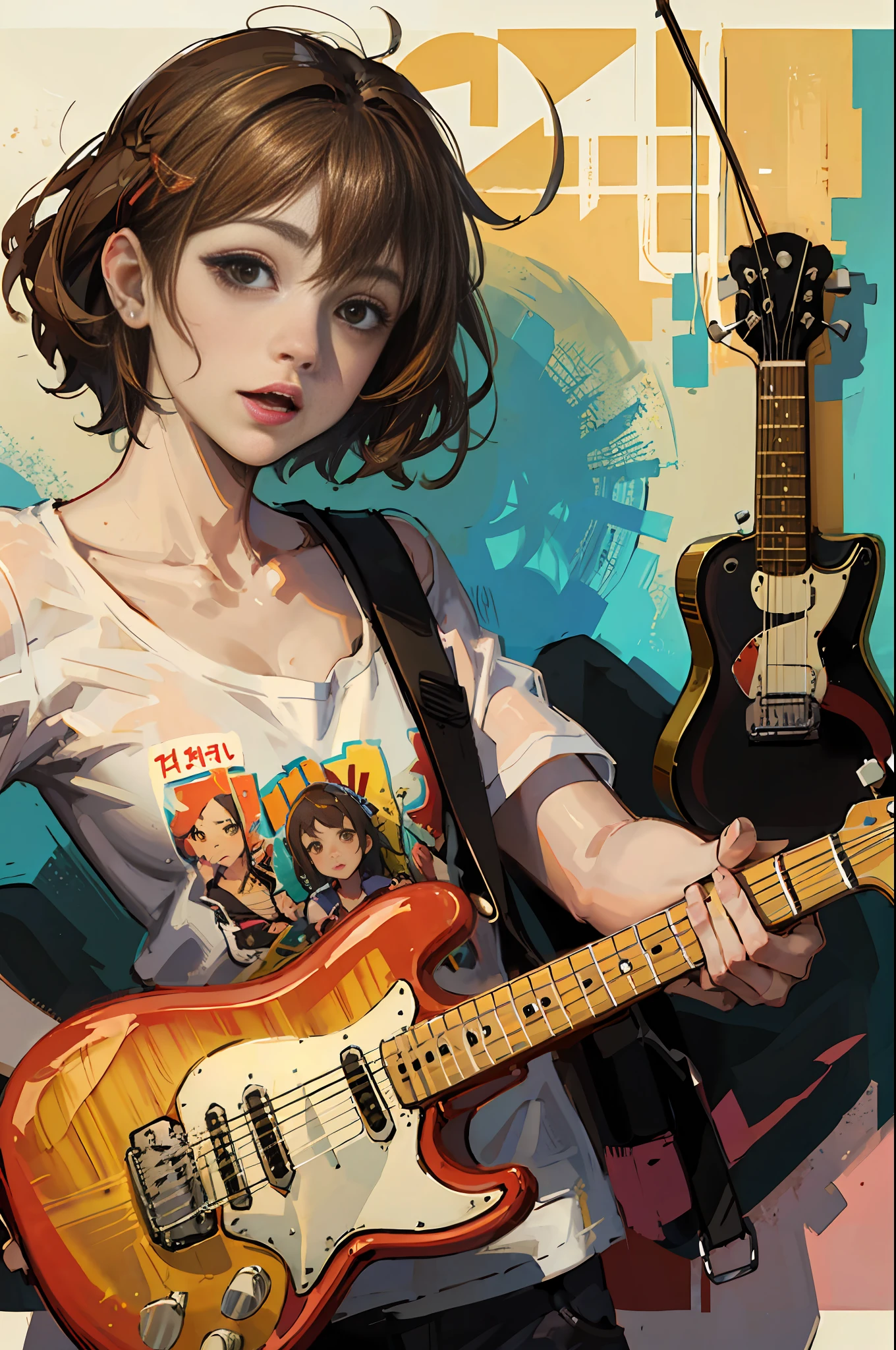 Satoshi kon, Yui Hirasawa (yellow hairpin, short hair, brown, brown eyes, guitar, fender mustang)illustration --auto --s2