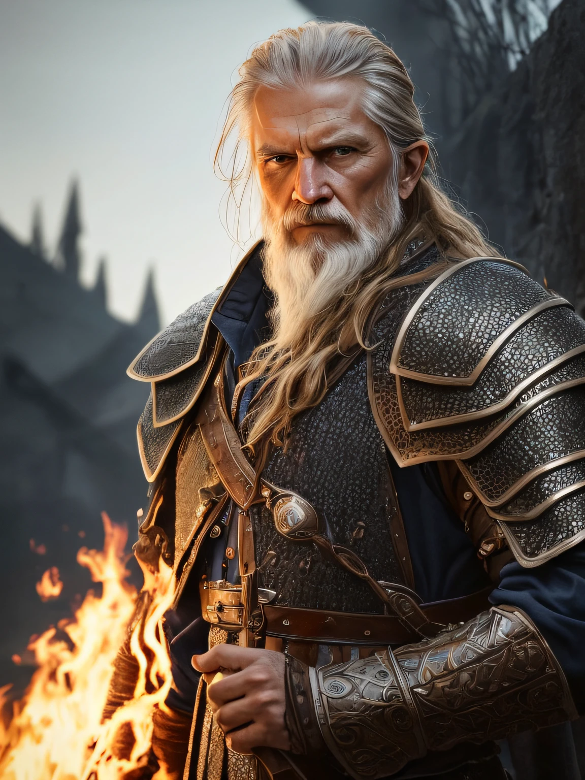 (Highest quality:1.3), cinematic shot, masterpiece, (sharp focus:1.5), (photorealistic:1.3), medium portrait of (a weary-looking but still proud and fierce-looking old Viking warrior, now the leader of his village, dressed in elaborately detailed chain mail and leather armour, a few torches burn on the walls, giving the scene a dark atmosphere but sculpting the forms in sharp chiaroscuro), it is night time, (highly detailed skin), (detailed face), detailed background, dark lighting, twilight lighting, volumetric lighting, intricate details, UHD,
