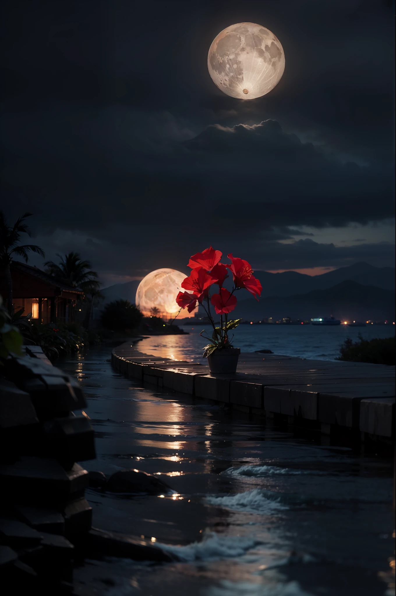 hibiscus Moon with water drops,neon glow, random background, sun rise, bokha mood