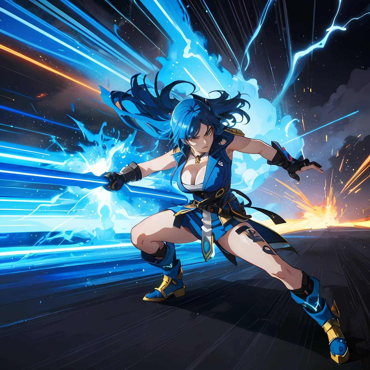 Leona Heidern, a fierce warrior with striking blue hair, emerging from the shadows. (Dynamic lighting, dramatic pose, action-packed, deep shadows, intense combat, anime-inspired)