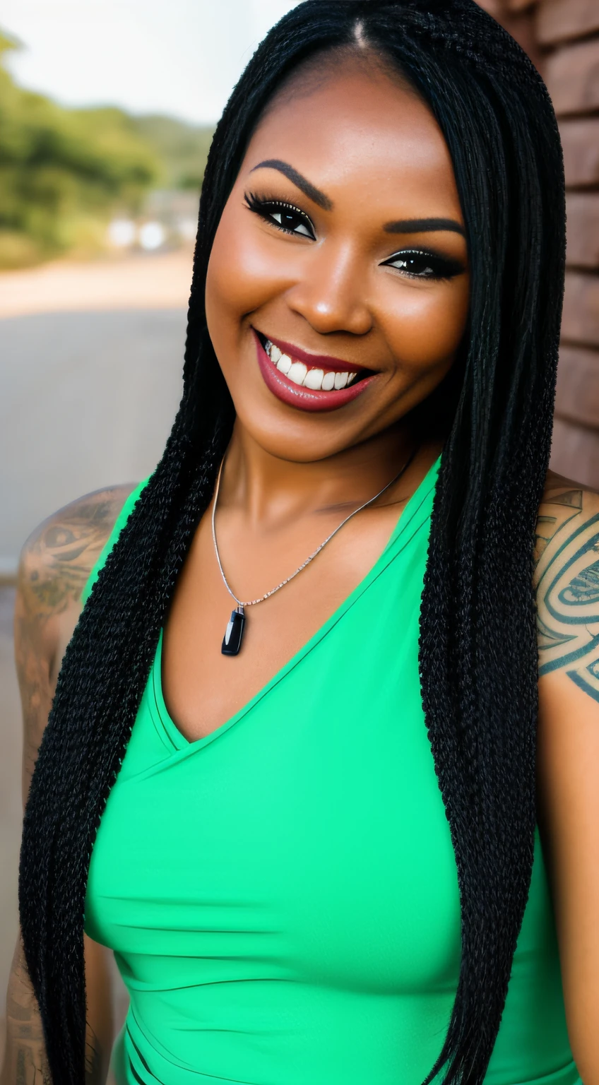 a woman with long black braided teal hair wearing a green top, by Willian Murai, featured on instagram, tachisme, wearing several pendants, cheeky smile, wearing shipibo tattoos, closeup - view, 8k selfie photograph, vanessa blue, wearing two metallic rings, while smiling for a photograph, headshot photograph, long braided teal hair