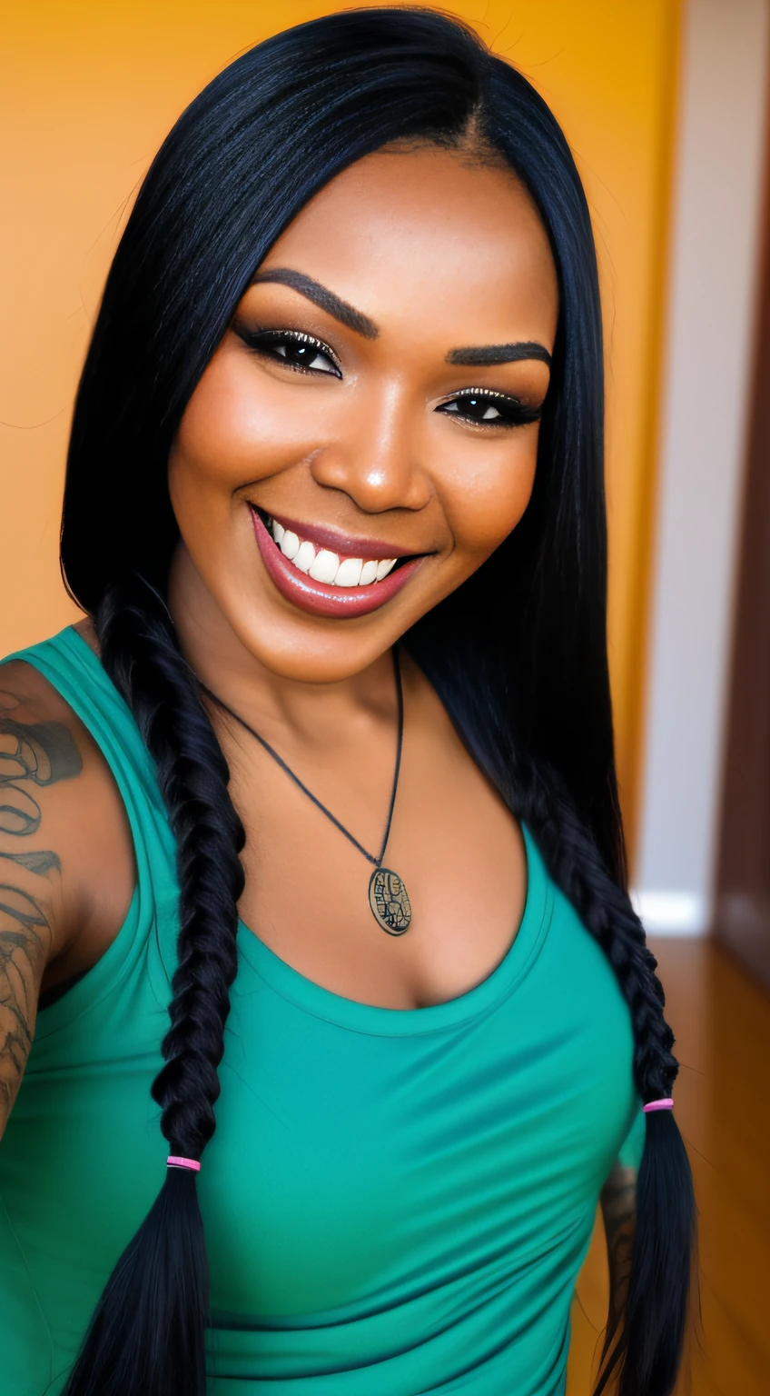 a woman with long black braided teal hair wearing a green top, by Willian Murai, featured on instagram, tachisme, wearing several pendants, cheeky smile, wearing shipibo tattoos,  closeup - view, 8k selfie photograph, vanessa blue, wearing two metallic rings, while smiling for a photograph, headshot photograph, long braided teal hair