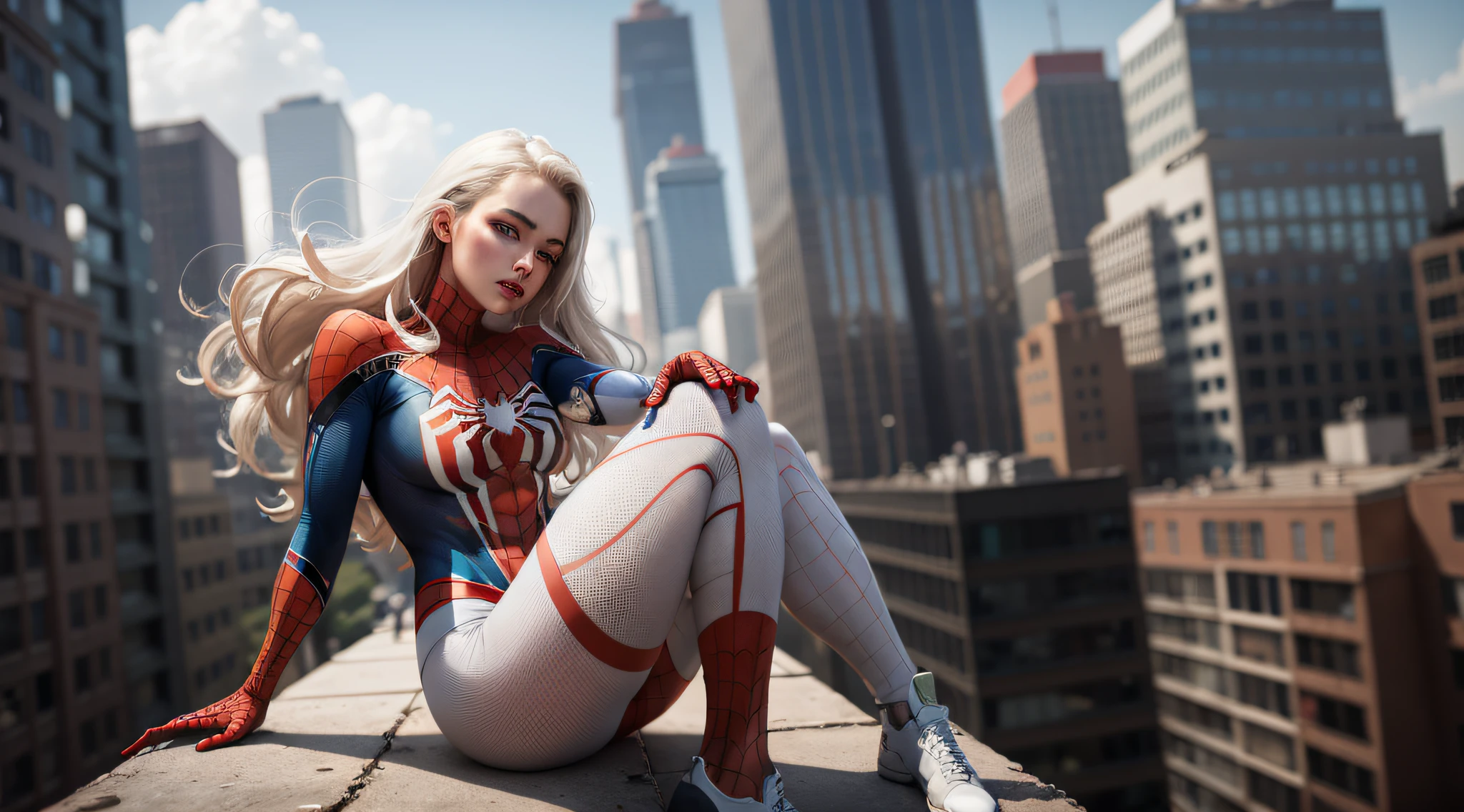 4k, realistic, carismatic, very detail, there is a girl on top city, wearing spiderman costum, she is a spiderman, white super hero theme, white long hair, 25 years old, full body