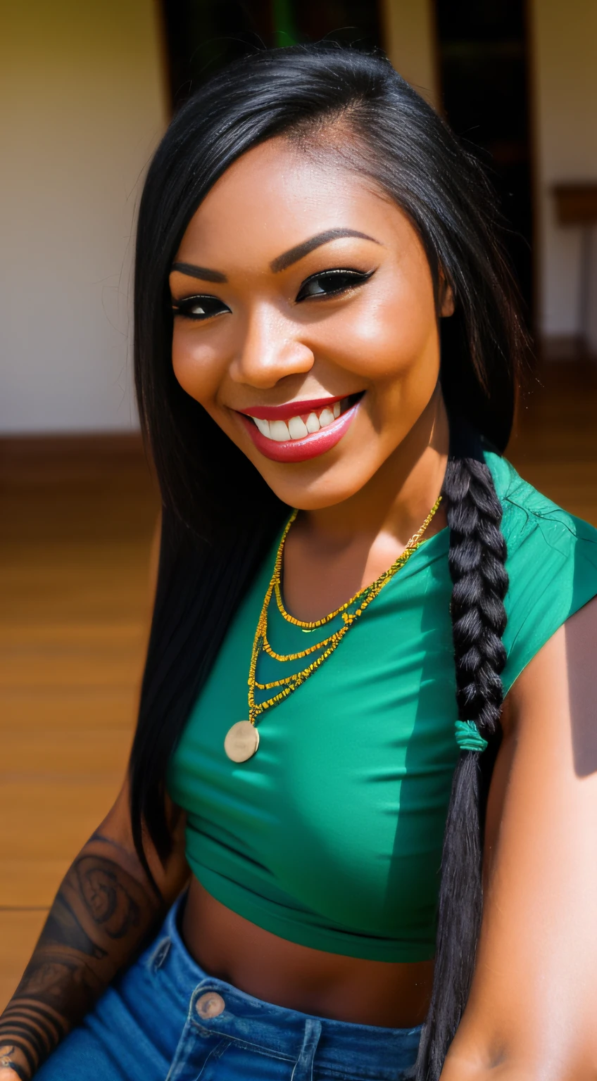 a woman with long black braided teal hair wearing a green top, by Willian Murai, featured on instagram, tachisme, wearing several pendants, cheeky smile, wearing shipibo tattoos,  closeup - view, 8k selfie photograph, vanessa blue, wearing two metallic rings, while smiling for a photograph, headshot photograph, long braided teal hair