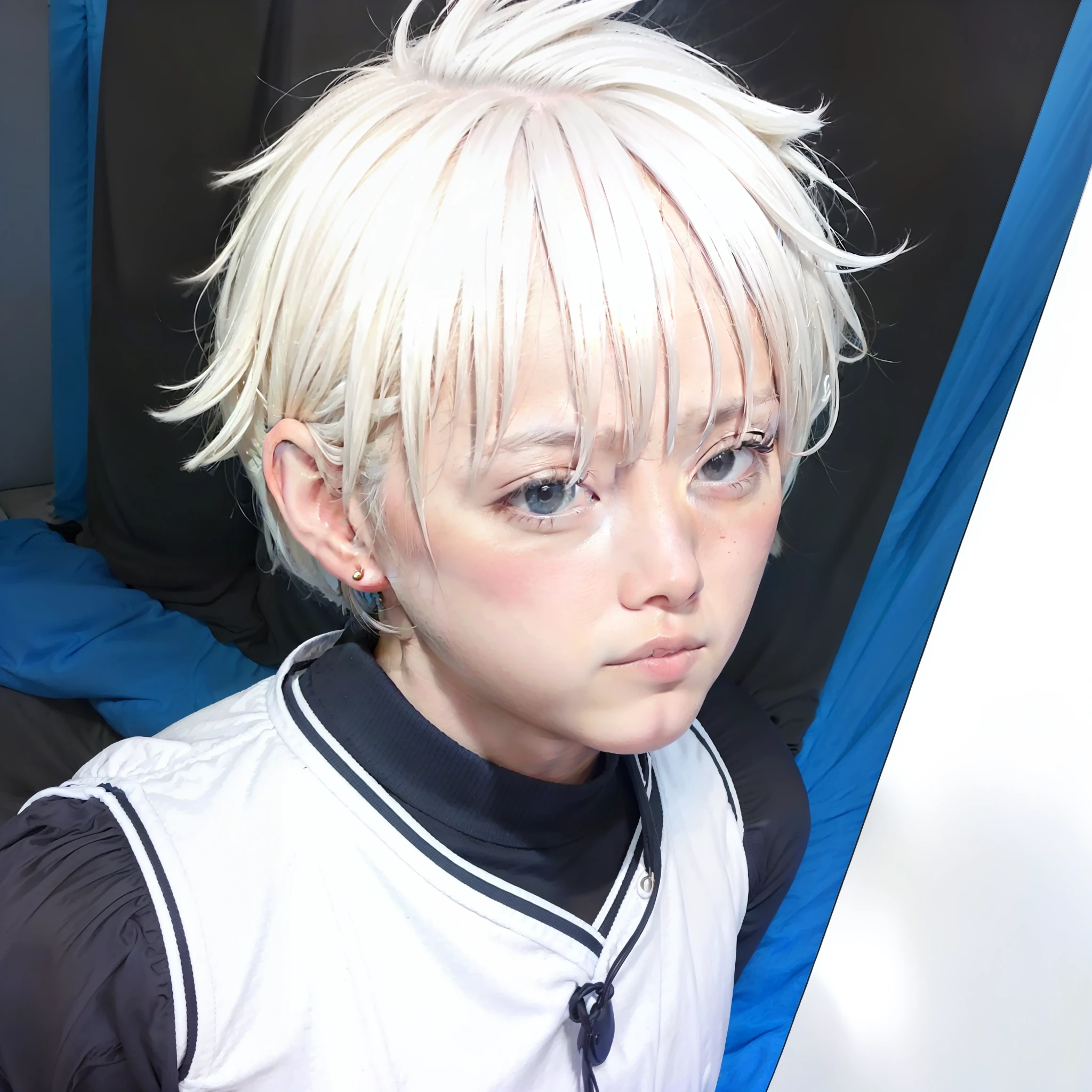 1 man, Nagi Seishiro, White hair, short hair, white vest, realistic, ultra detail, 70mm lens