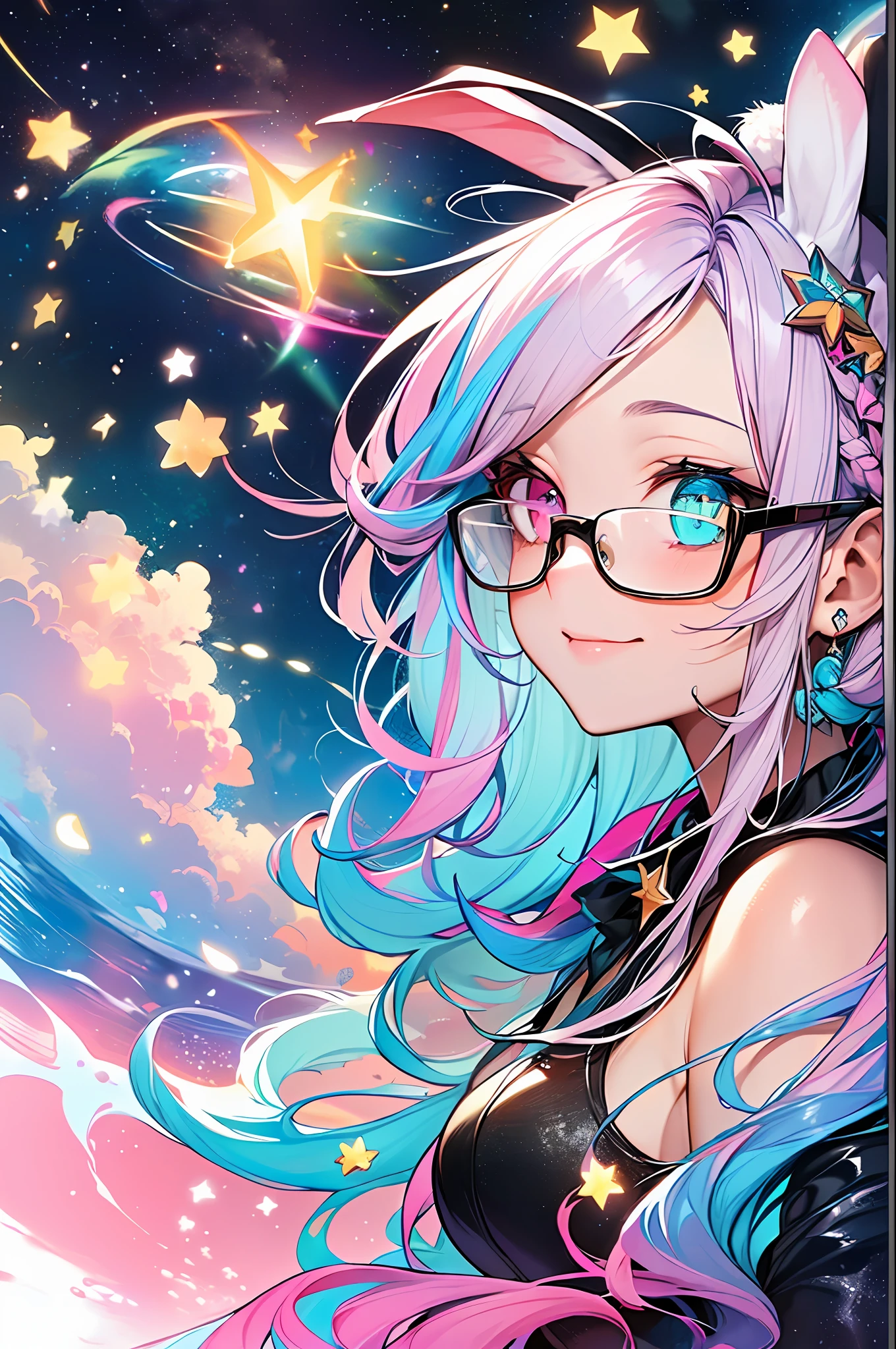 (masterpiece, highest quality, Best Quality, Watercolor Art (Pendant), official art, beautiful and aesthetic, (1.3), (1 girl: 1.3), (fractal art: 1.3), whole body, Star-shaped Pupil, , Pattern, ((iridescent hair, colorful hair, half blue and half pink hair: 1.2)), Aqua, Liquid, Cloud, COLORFUL, Starry Night, Star, smile, Glasses, Writing, Heterochromia, (COLORFUL: 1.5), galaxy, looking up at the stars, ((dressed as a bunny girl)), fishnet stockings