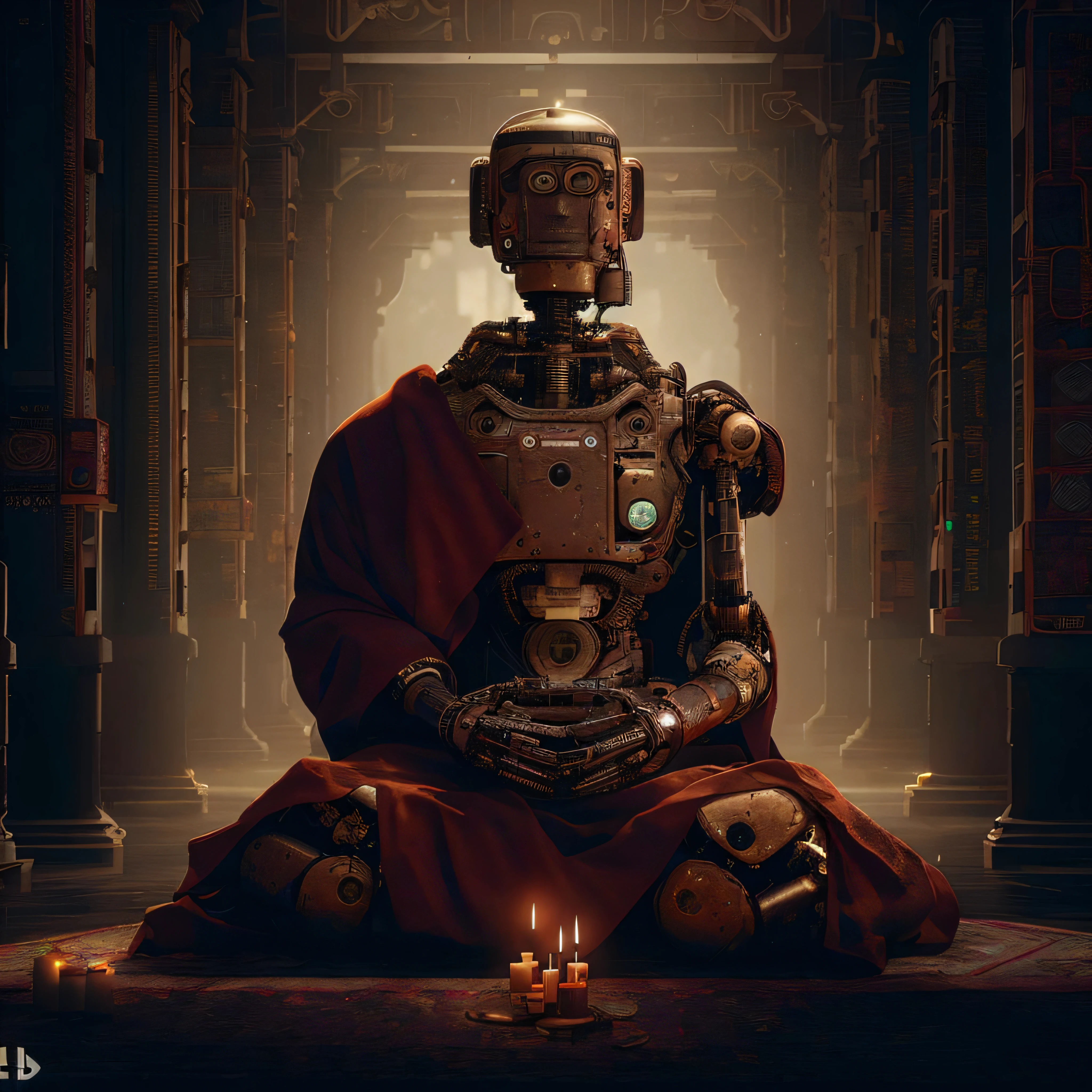 arafed robot sitting in a throne with candles in front of him, Zen Cyberpunk Meditation, um ciborgue meditando, robot religion, artificial intelligence god, Corpo de Deus Hindu Ciborgue, templo hindu cybertronic, artificial intelligence gods, bipe. Octane render, Beeple e Mike Winkelmann, Obra-prima Beeple, Arte digital altamente detalhada em 4k