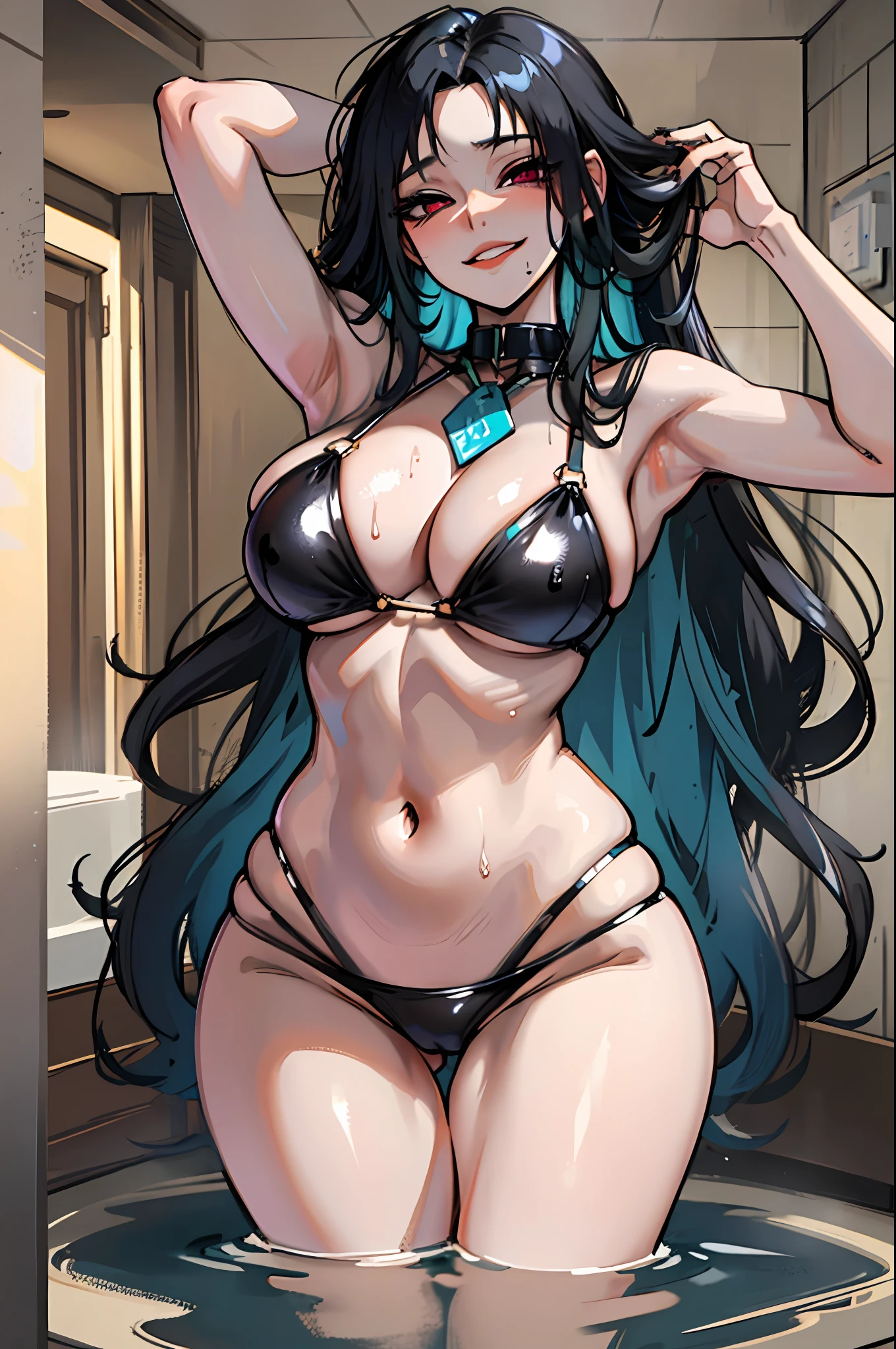 attractive young woman, beautiful female, (goth:1.2). super long hair, multi color hair, (long nails:1.2), slim body, thick hips, gigantic breasts, random poses, very arusing woman, bathroom, after shower, wet, wet body, (slime bikini) thick mist, steam, pubick hair, smirk, (ahegao),
