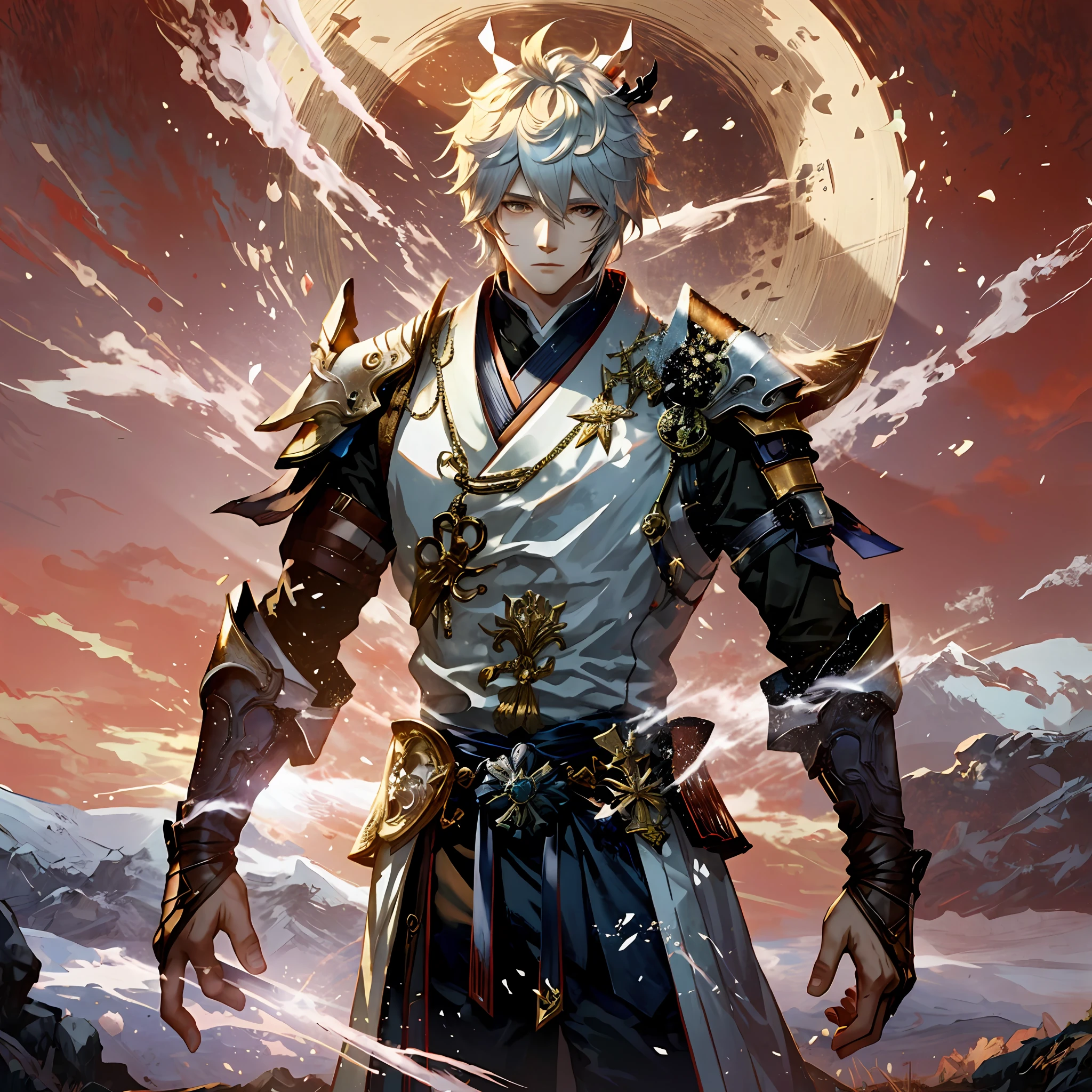 Personaje de anime con cabello blanco y armadura parado frente a una luna llena, Keqing de Genshin Impact, Chico guapo en el arte de Demon Slayer, Zhongli de Genshin Impact, Personaje de Genshin Impact, por Yang J, Guilty Gear Strive Splash Art, Loong, Genshin, Thancred Waters al estilo de Wlop, Impacto de Genshin