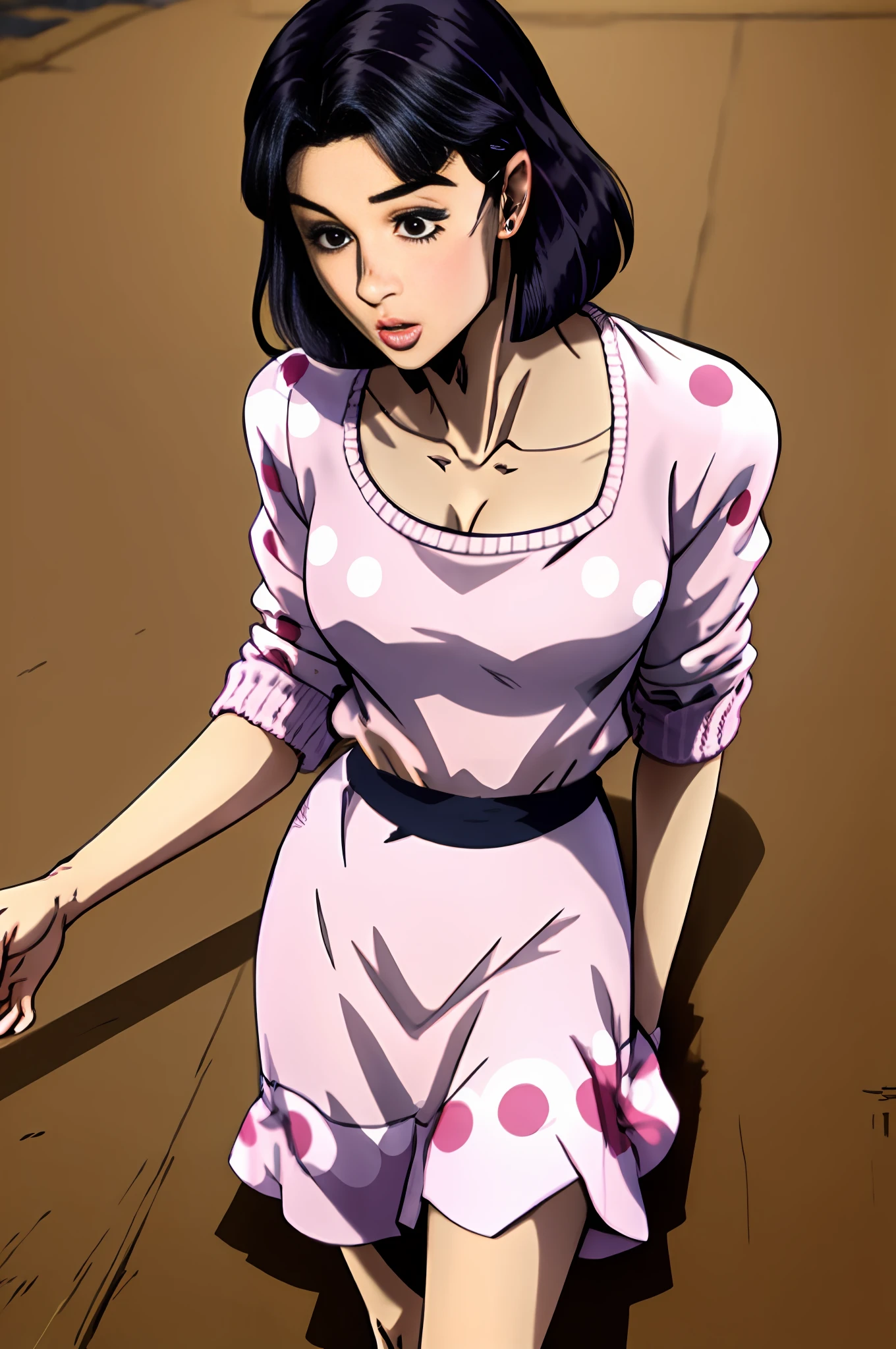 a woman of apparently medium height and slender build, com cabelos ruivos separados para a direita e amarrados em um rabo de cavalo baixo com franja, wearing a white sweater with a plunging neckline and a polka dot print skirt