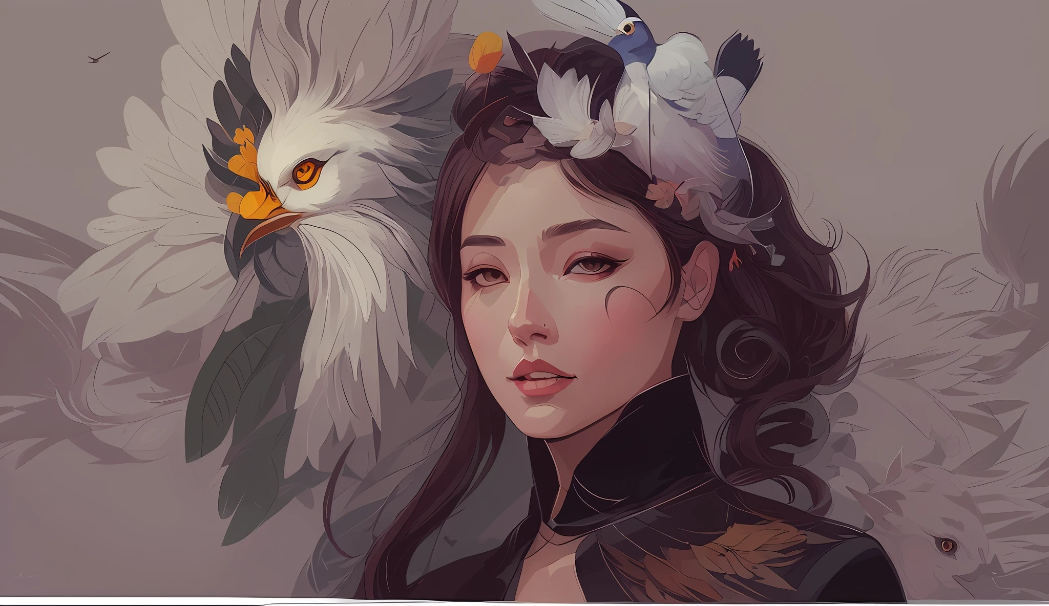 There was a woman with a bird on her head，There is a bird on the head, a beautiful artwork illustration, exquisite digital illustration, stunning digital illustration, beautiful digital illustration, artgerm and atey ghailan, Beautiful character painting, gorgeous digital painting, artwork in the style of guweiz, beautiful digital painting, beautiful digital artwork, rossdraws 1. 0 --auto