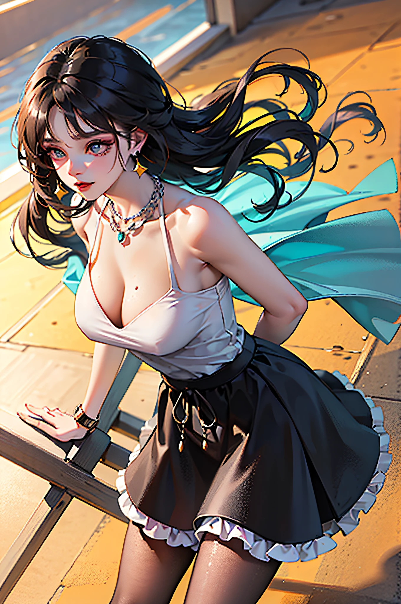 (bestbestquality,8K,A Masterpiece),(In the hotel,Capture,Sit,Sit on a stool,Look at the laptop),(A pretty maiden,with long black hair,Long messy hair,curly hair,huge eyes:1.3,Long eyelashes,Delicate makeup:1.4,Sexy lips,Blushlush),(Exquisite watches,Reflective necklace,Bulgari's earrings,Bulgari's ring),(Fashionable outfits,dressed in a white t shirt),(middle breasts,endure),(Black oily transparent pantyhose),(Black hip skirt),Light ripe,Royal sister,Optimal light,best shadow,Cinematic Lights,28 years old,1女孩,Need,(realskin,Supple skin)raytracing,Unreal Engine 5,Reflective skin,Digital illustration,Game CG characters,Supermodel,(kpop,idol),(Body edge lighting,Colored light sources are around),There is wind blowing hair,Looking into the distance,